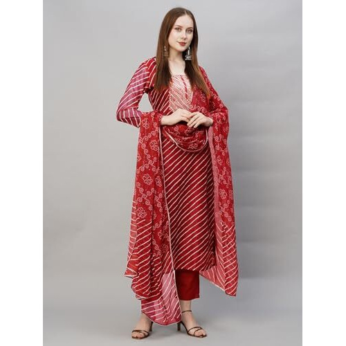 ANNI DESIGNER Women's Cotton Blend Straight Printed Kurta with Pant & Dupatta (DOREMI-RED-BHN_4XL_Red_XXXX-Large)