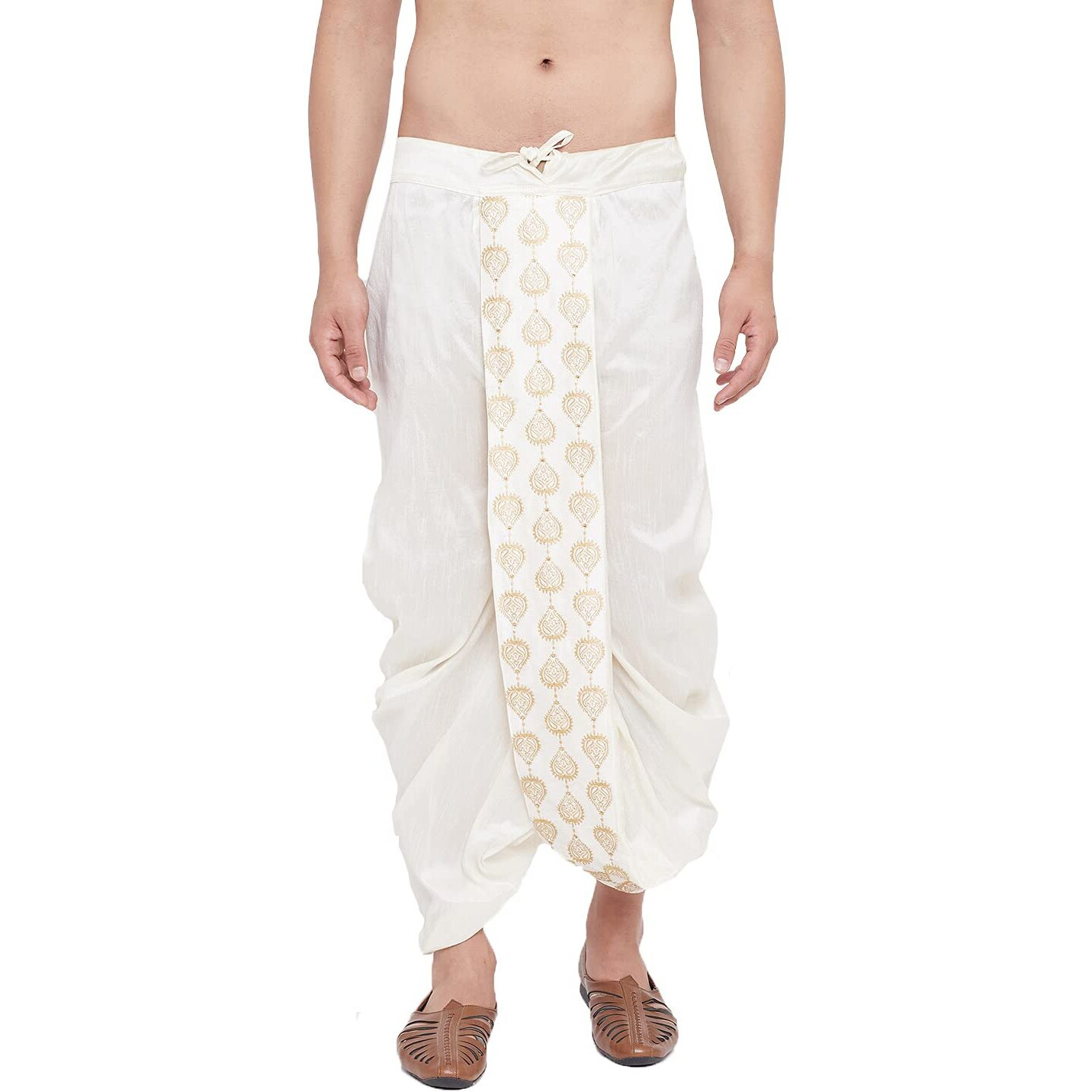 VASTRAMAY Men's Cream Silk Blend Embroidered Dhoti Ready-to-Wear Traditional Dhoti with Golden Embroidery for Weddings, Festivals, and Casual Wear