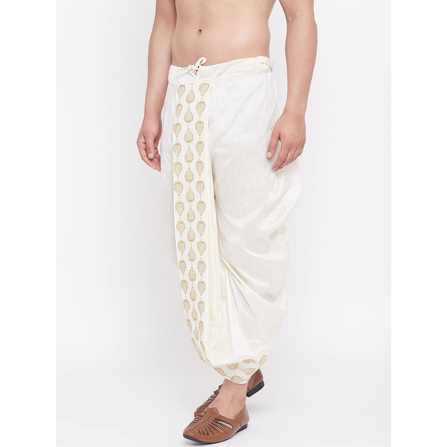 VASTRAMAY Men's Cream Silk Blend Embroidered Dhoti Ready-to-Wear Traditional Dhoti with Golden Embroidery for Weddings, Festivals, and Casual Wear