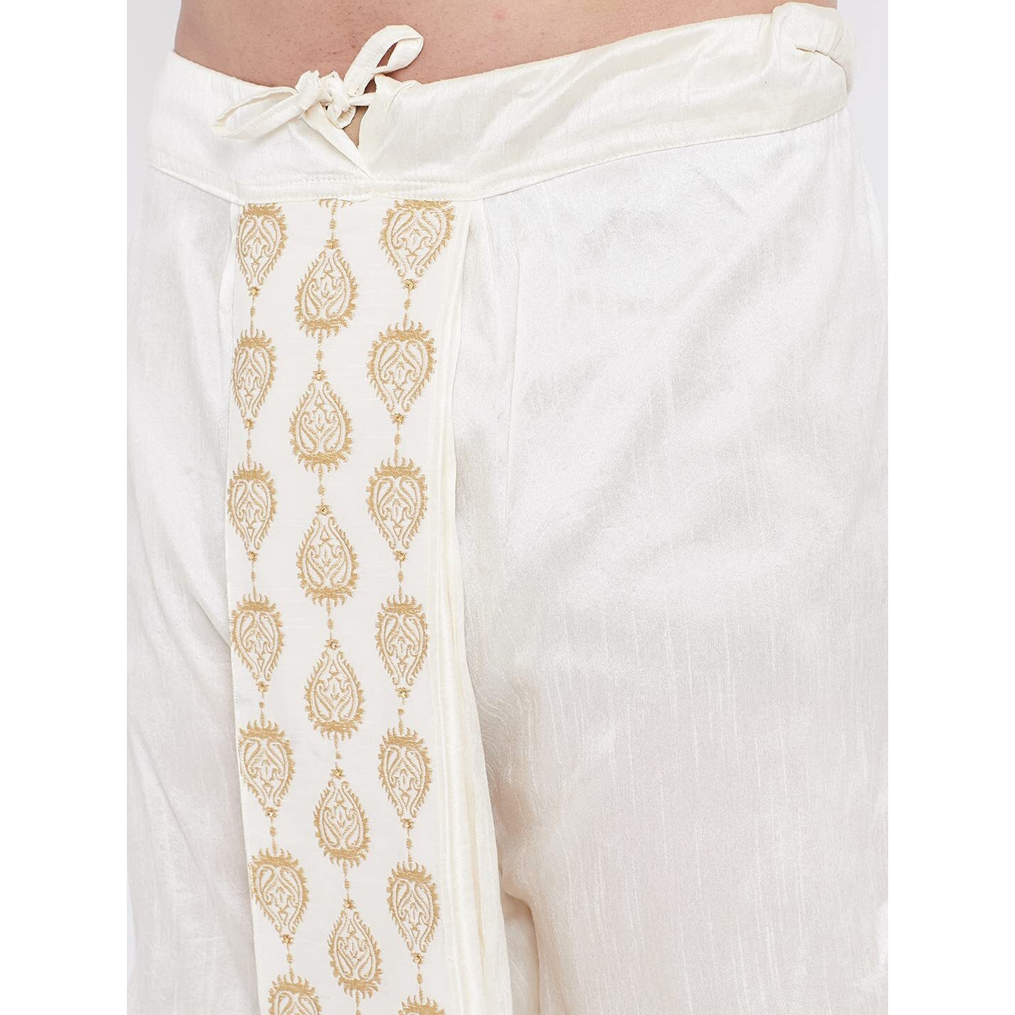 VASTRAMAY Men's Cream Silk Blend Embroidered Dhoti Ready-to-Wear Traditional Dhoti with Golden Embroidery for Weddings, Festivals, and Casual Wear