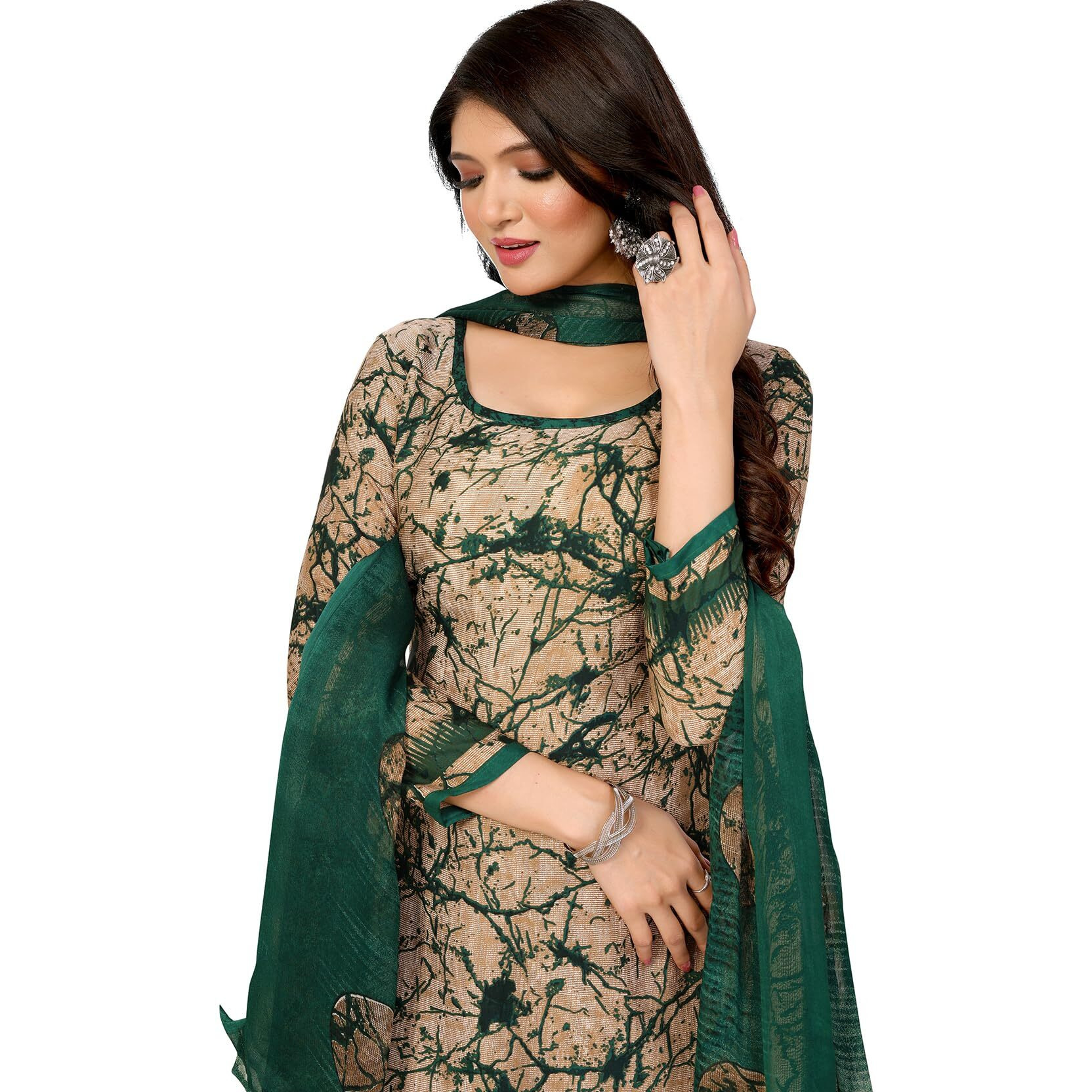 Yashika Women's Printed Dress Material - Unstitched Crepe Fabric Kurti, Pants & Dupatta Set (AZ-YS-P4-ADDA GREEN)