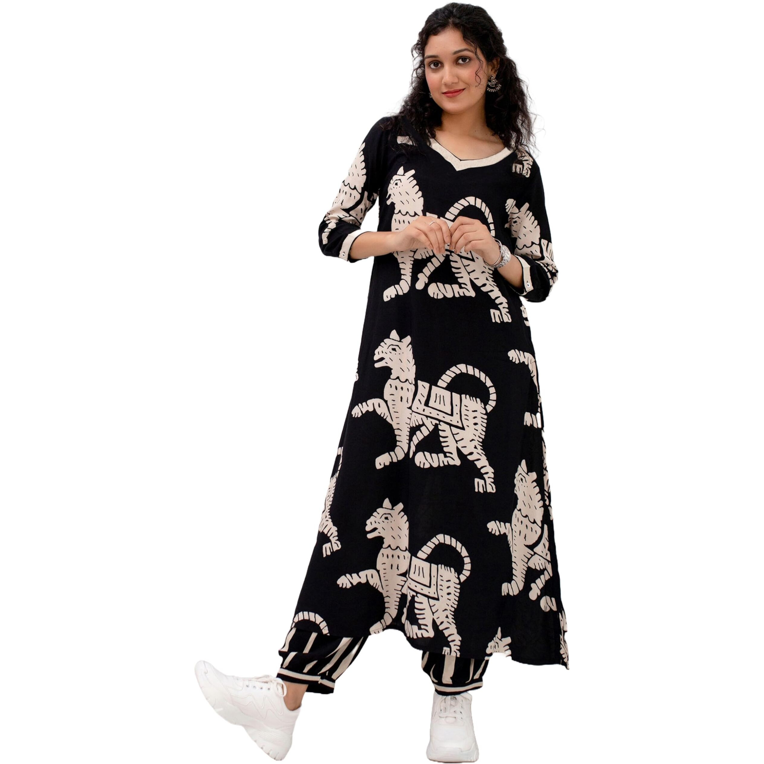 ANNI DESIGNER Women's Cotton Blend Printed Straight Kurta with Pant (Lanka Black_2306 Medium)