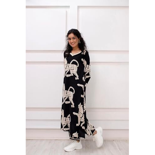 ANNI DESIGNER Women's Cotton Blend Printed Straight Kurta with Pant (Lanka Black_2306 Medium)