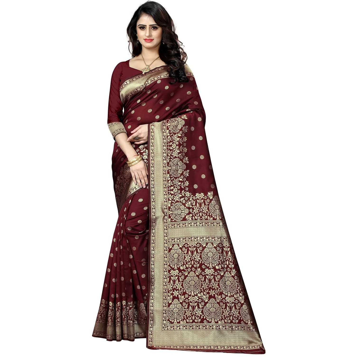 Yashika Women's Zari Woven Cotton Silk Jacquard Saree with Unstitched Blouse Material (AZ-YS-OG1-JESSY Marron_Maroon)