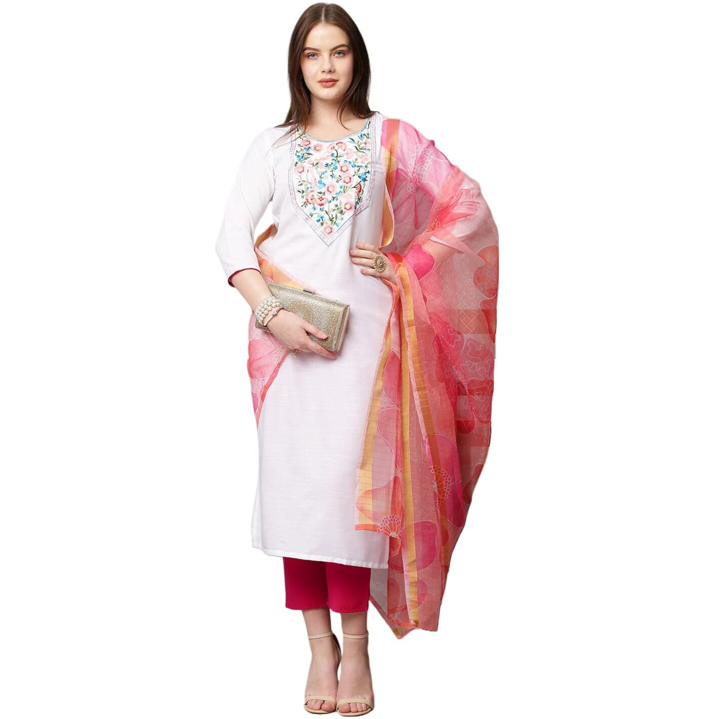 ANNI DESIGNER Women's Cotton Blend Solid Straight Kurta with Pant & with Dupatta (Chora WP_White_XXL_White_XX-Large)