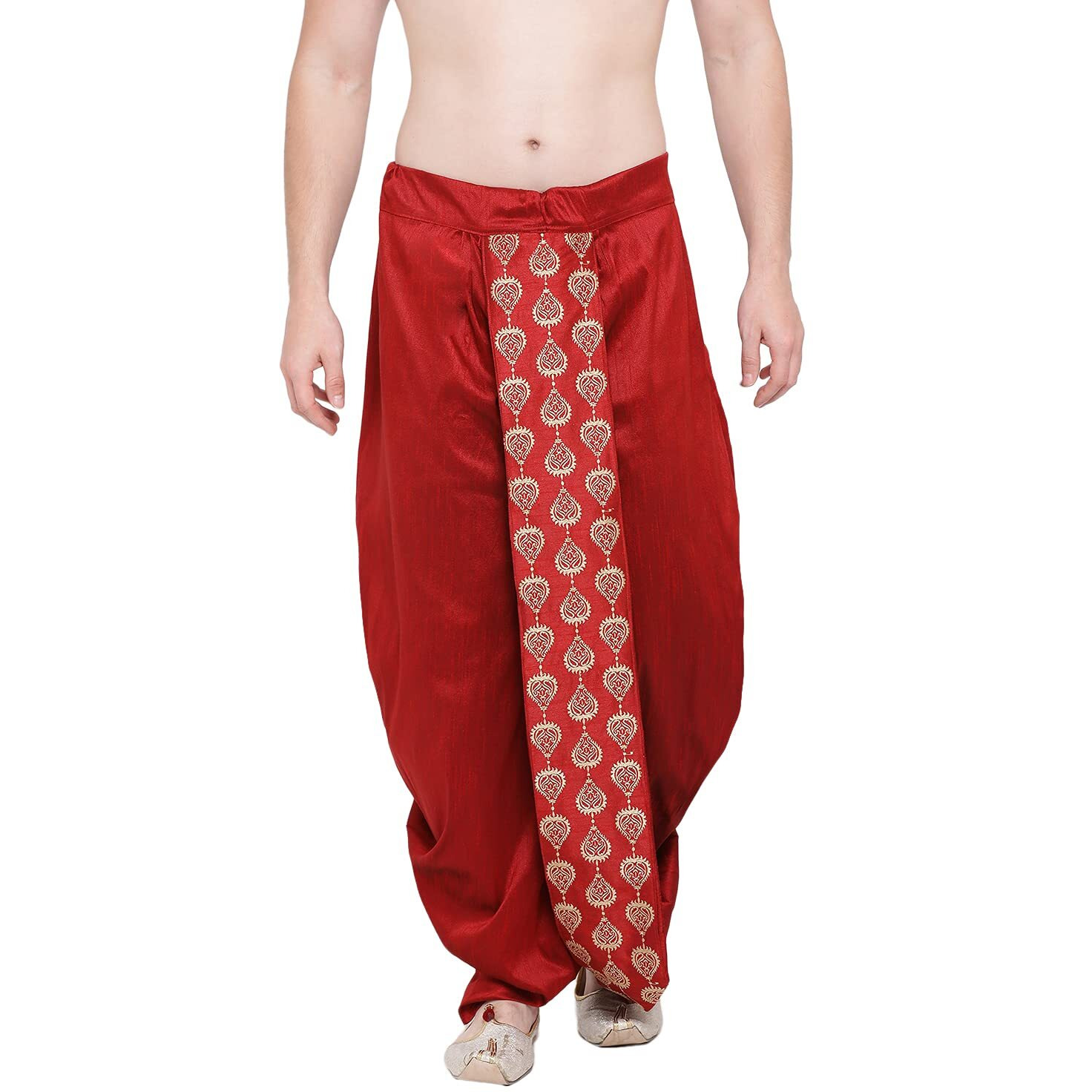 VASTRAMAY Men's Maroon Silk Blend Ethnic Dhoti(Gold_Free Size_VASMDT005MA)