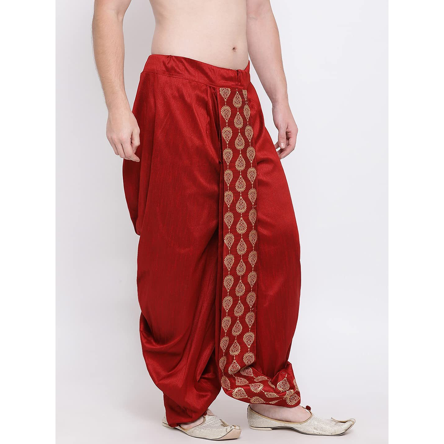 VASTRAMAY Men's Maroon Silk Blend Ethnic Dhoti(Gold_Free Size_VASMDT005MA)