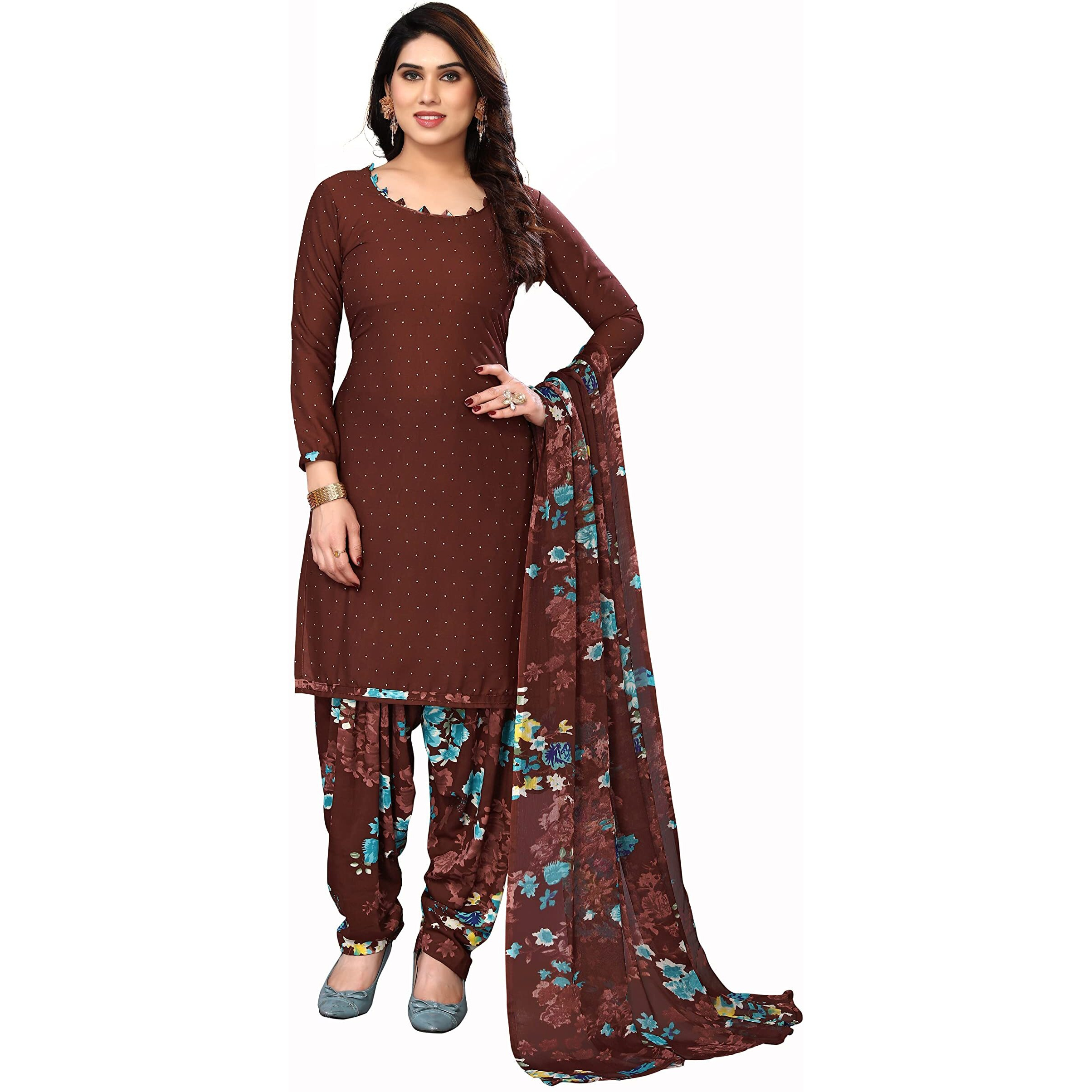 Yashika Women's Crepe Printed Unstitched Salwar Suit Dress Material With Dupatta(NEW-COFFEE FLOWER)