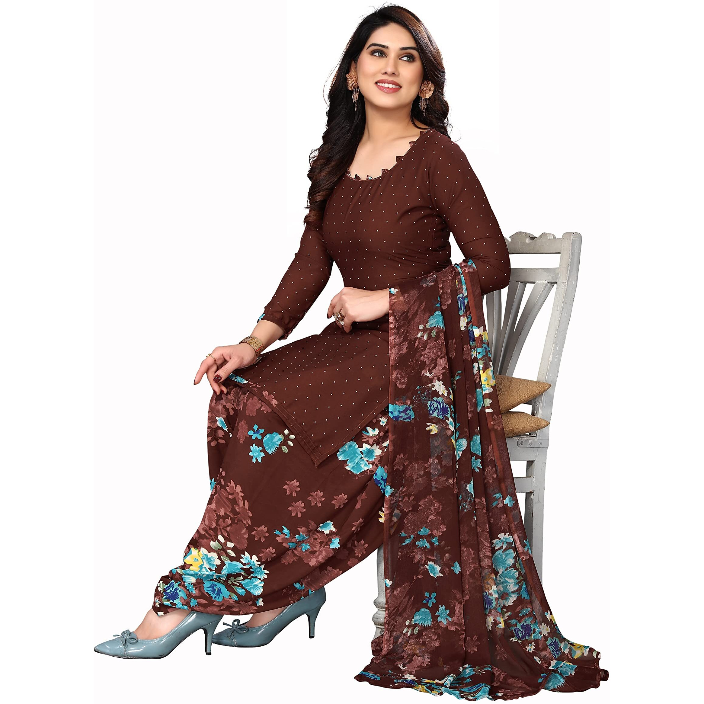 Yashika Women's Crepe Printed Unstitched Salwar Suit Dress Material With Dupatta(NEW-COFFEE FLOWER)