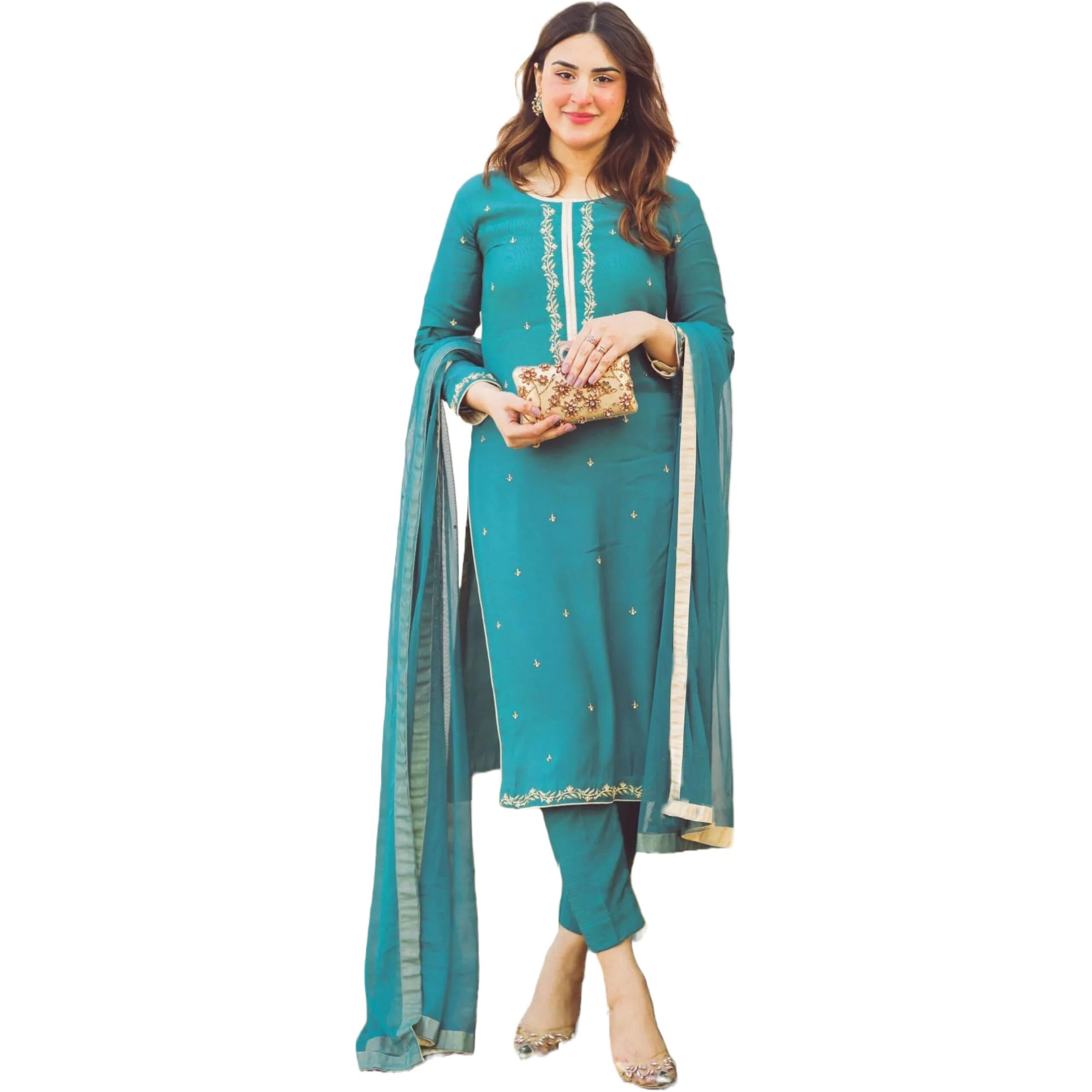 ANNI DESIGNER Cotton Blend Women's Calf Length Embroidered Straight Kurta With Pant & Dupatta (Aaniyat Green-Nvw Medium)
