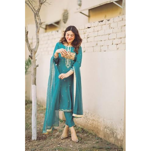 ANNI DESIGNER Cotton Blend Women's Calf Length Embroidered Straight Kurta With Pant & Dupatta (Aaniyat Green-Nvw Medium)