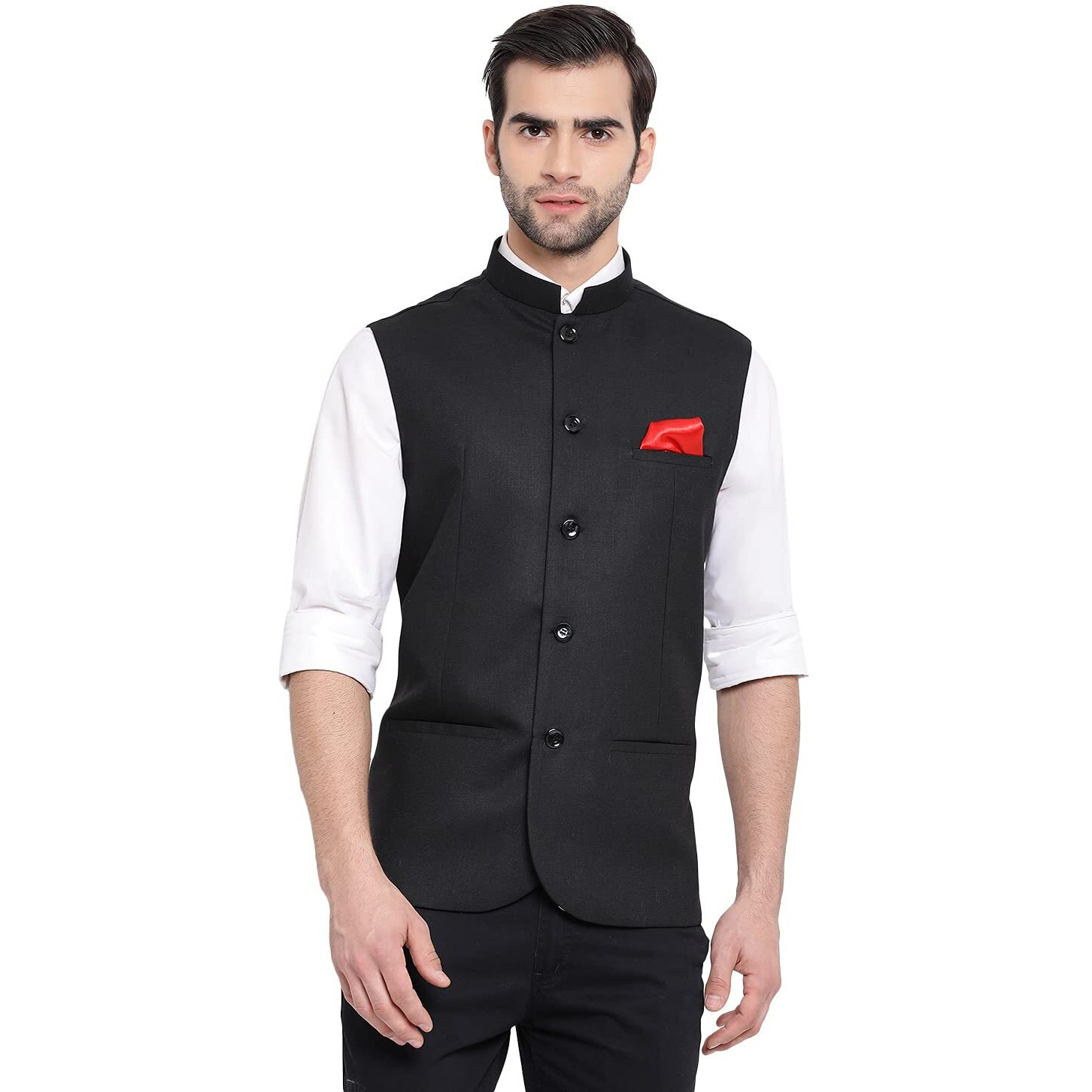 VASTRAMAY Men's Black Cotton Silk Nehru Jacket  Classic Festive Wear with Mandarin Collar, Perfect For Ethnic & Festive Occasions, Weddings & Celebrations