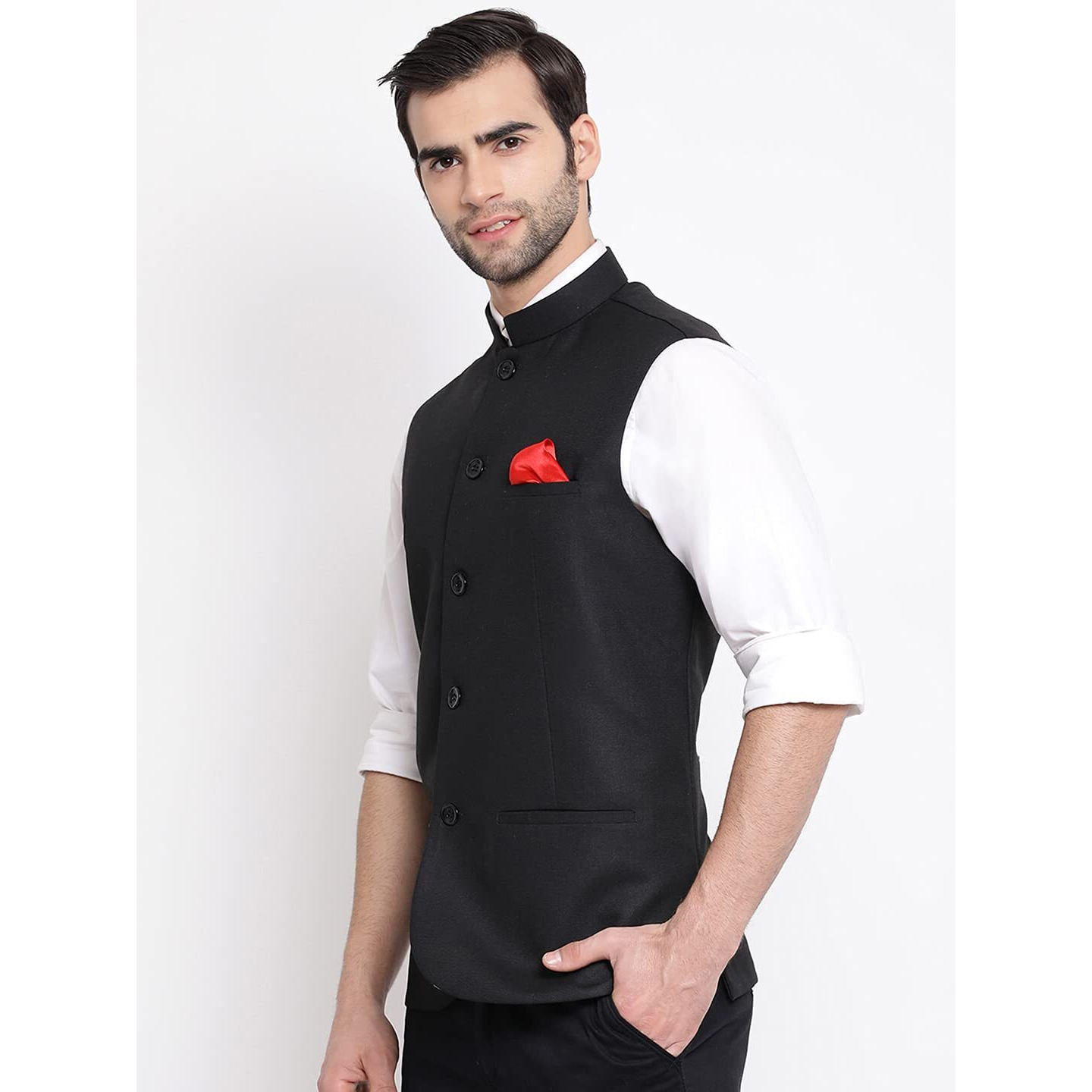 VASTRAMAY Men's Black Cotton Silk Nehru Jacket  Classic Festive Wear with Mandarin Collar, Perfect For Ethnic & Festive Occasions, Weddings & Celebrations