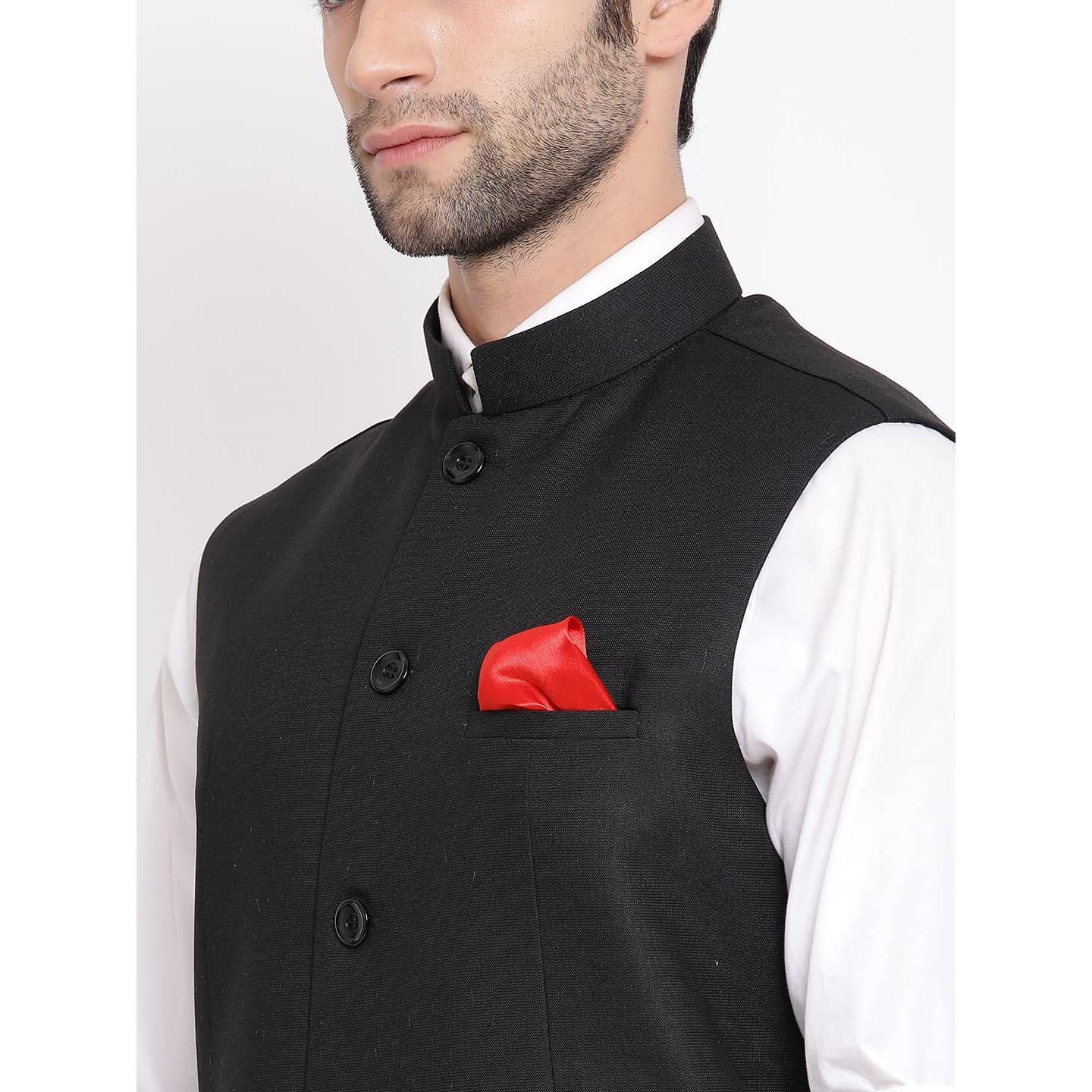 VASTRAMAY Men's Black Cotton Silk Nehru Jacket  Classic Festive Wear with Mandarin Collar, Perfect For Ethnic & Festive Occasions, Weddings & Celebrations