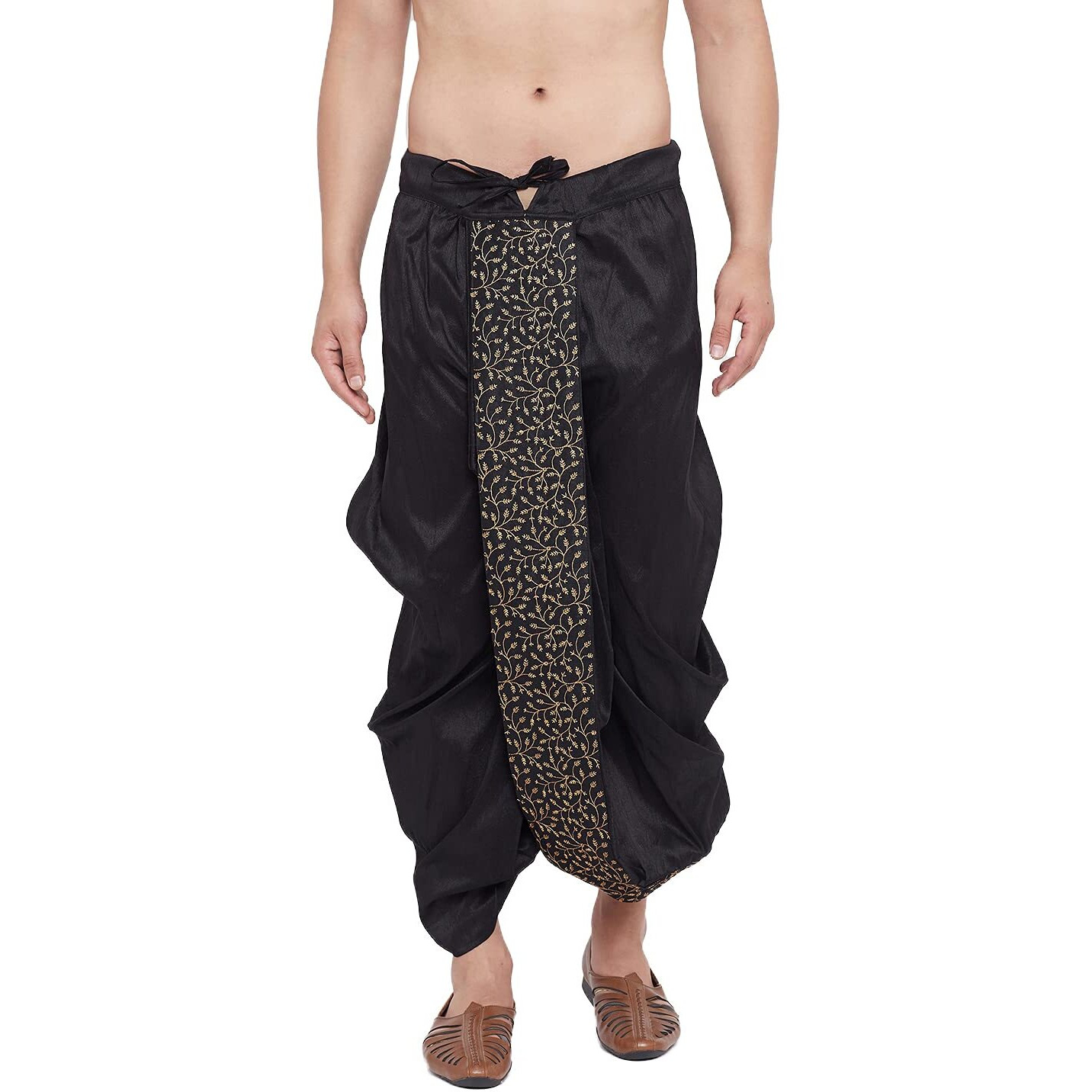 VASTRAMAY Men's Black Silk Blend Embroidered Ethnic Dhoti(Gold_Free Size_VASMDT011BL)