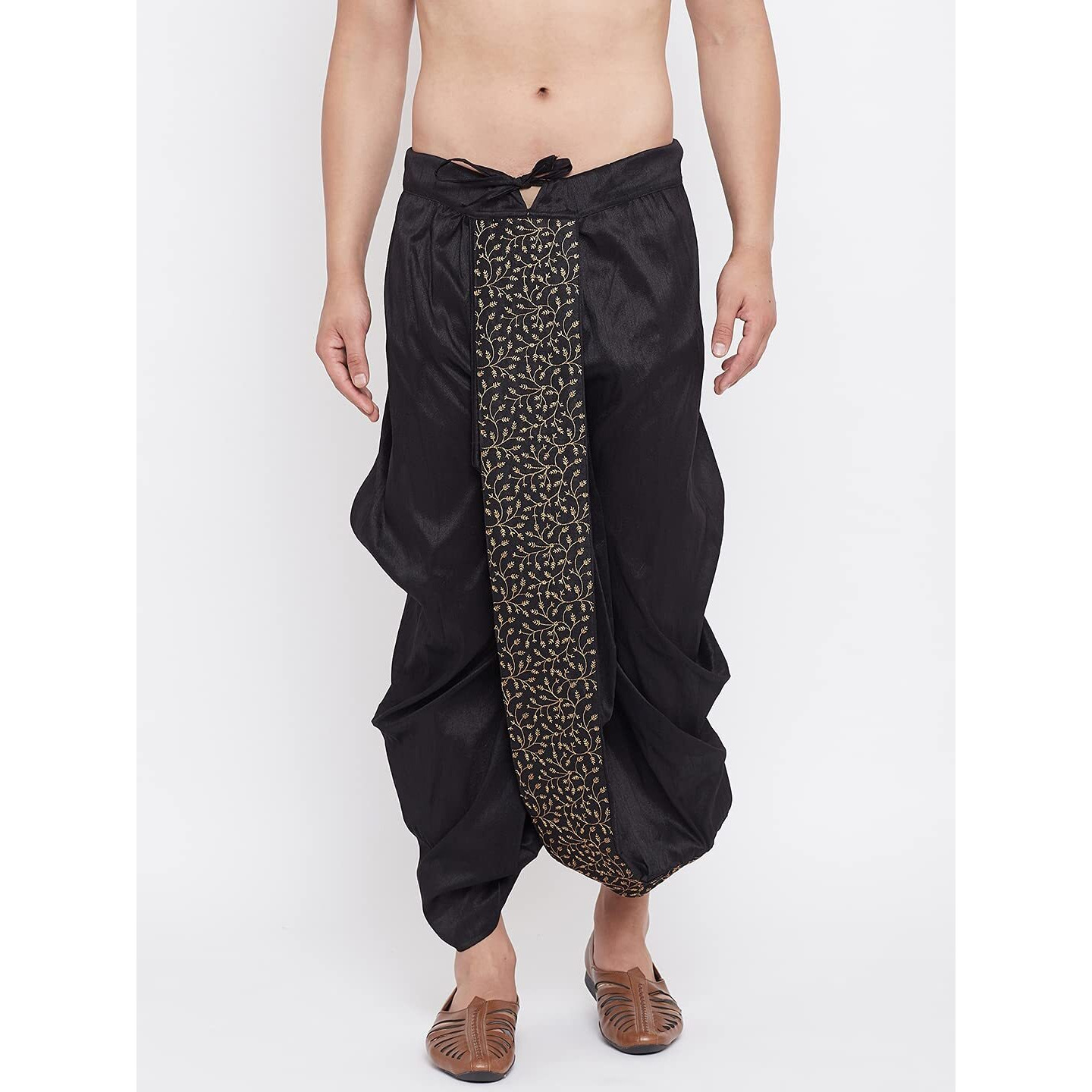 VASTRAMAY Men's Black Silk Blend Embroidered Ethnic Dhoti(Gold_Free Size_VASMDT011BL)