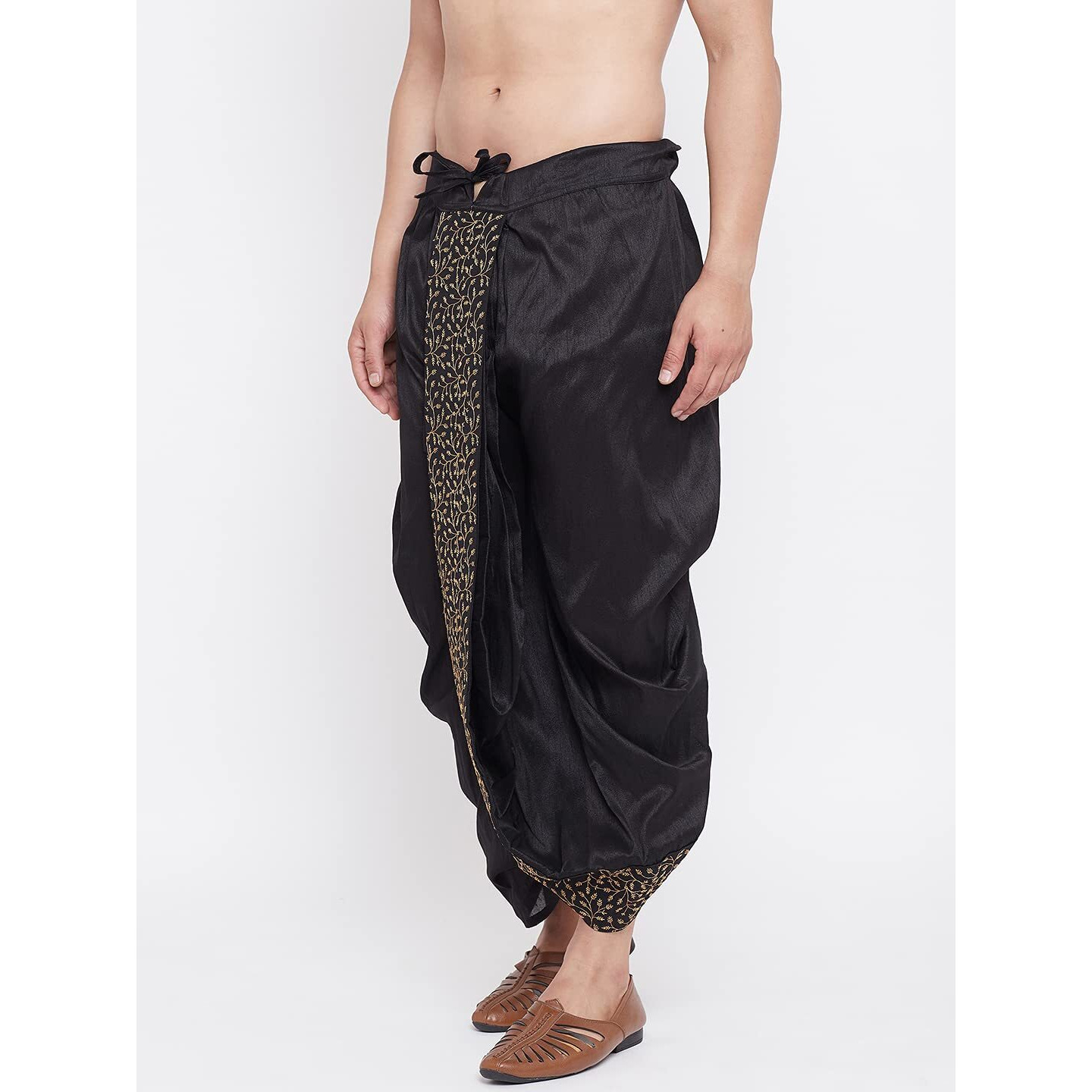 VASTRAMAY Men's Black Silk Blend Embroidered Ethnic Dhoti(Gold_Free Size_VASMDT011BL)