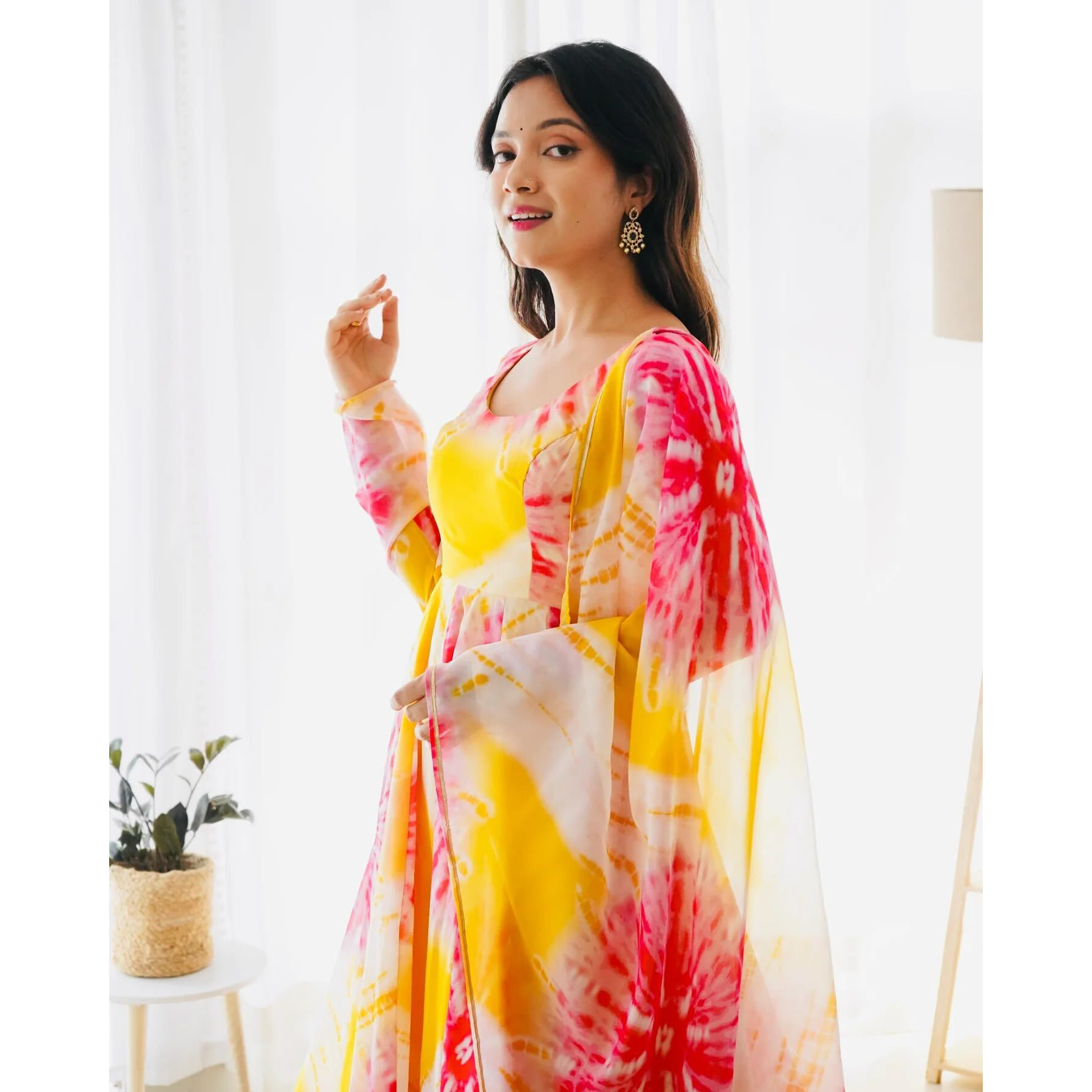 Wedani Women Floral Print Anarkali Kurta with Pant and Duptta (Large, Yellow)