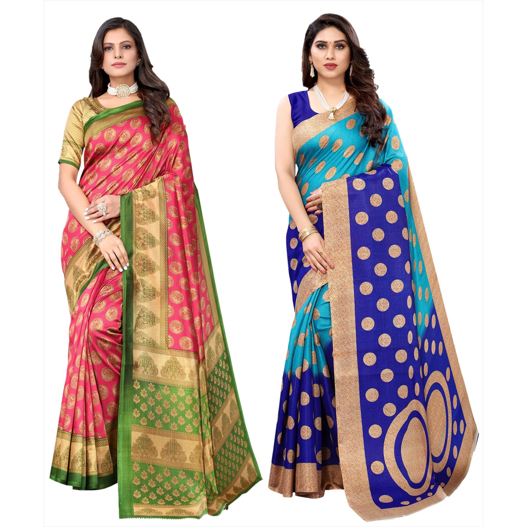 Yashika Women's Combo Art Silk Printed Saree With Blouse Piece Pack Of 2(ALIFA PINK-KORA BLUE)
