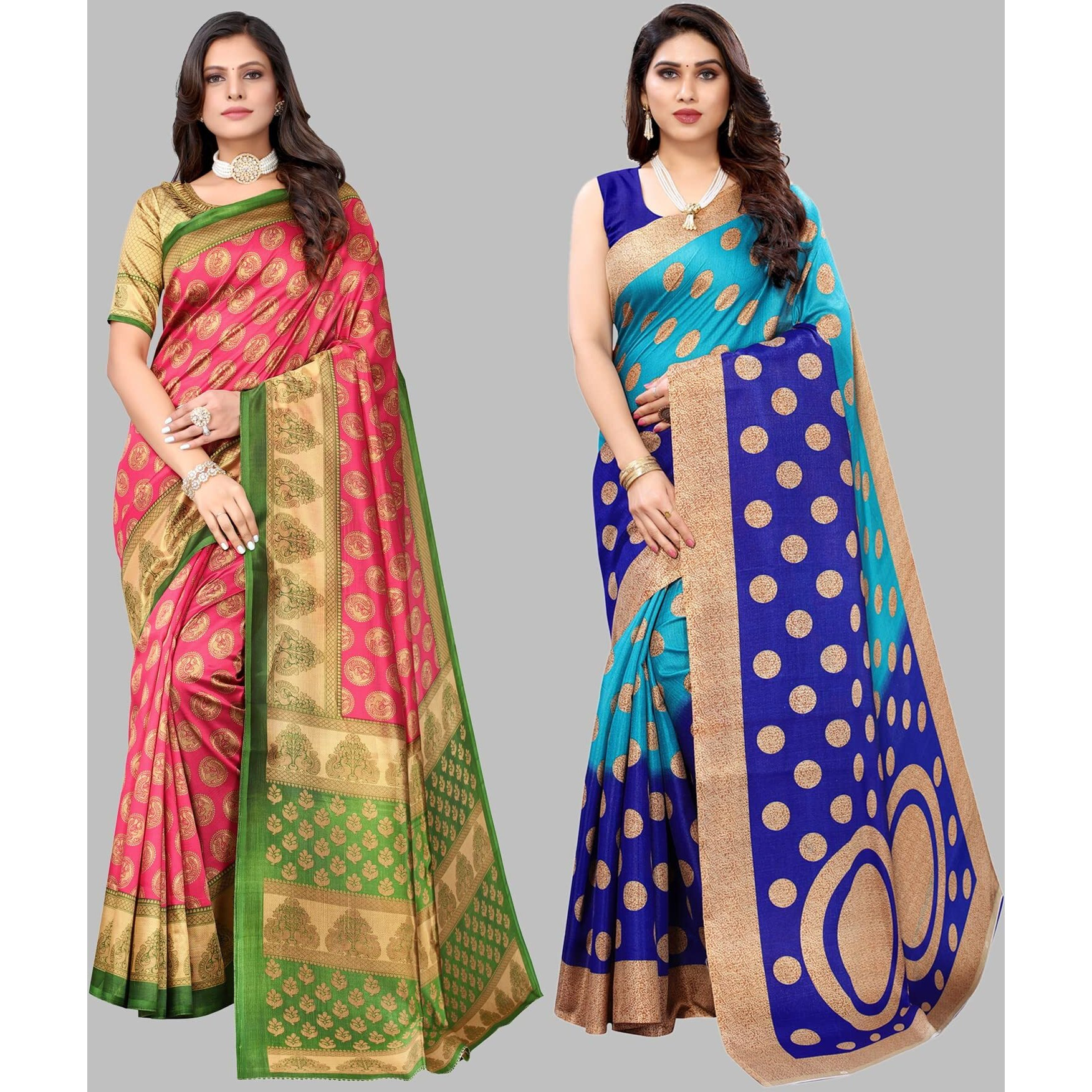 Yashika Women's Combo Art Silk Printed Saree With Blouse Piece Pack Of 2(ALIFA PINK-KORA BLUE)