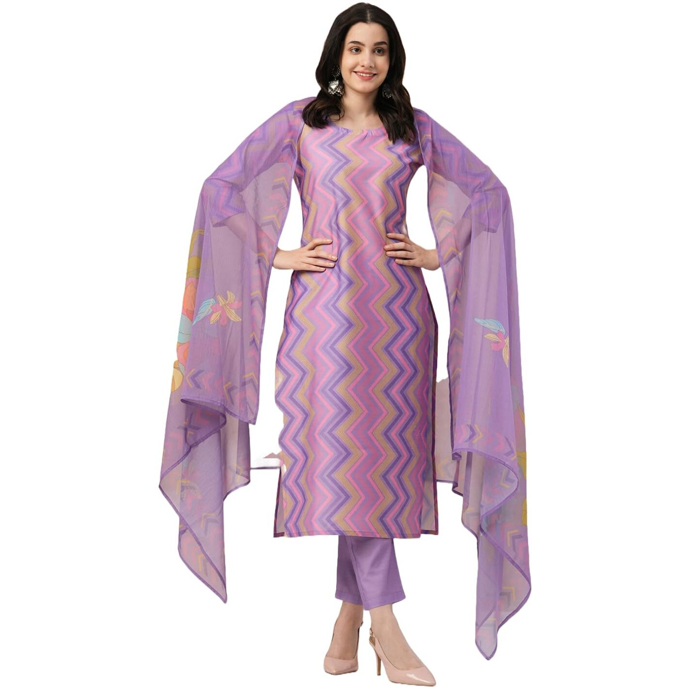 ANNI DESIGNER Women's Rayon Blend Straight Printed Kurta with Pant & Dupatta (Zaggu Purple_S_Purple_Small)