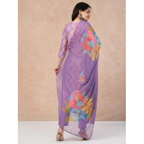 ANNI DESIGNER Women's Rayon Blend Straight Printed Kurta with Pant & Dupatta (Zaggu Purple_S_Purple_Small)