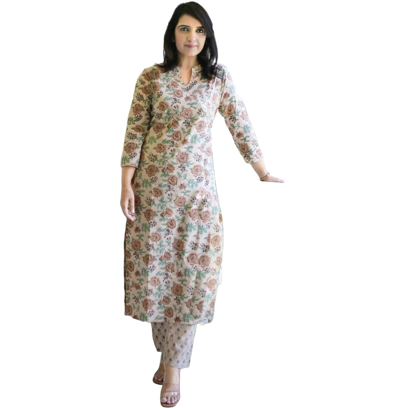 ANNI DESIGNER Women's Cotton Blend Straight Printed Kurta with Pant (Wide Cream_S_Cream_Small)