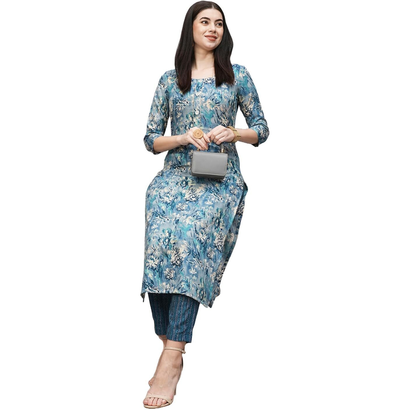 ANNI DESIGNER Women's Cotton Blend Straight Printed Kurta with Pant (Seep Blue_M_Blue_Medium)