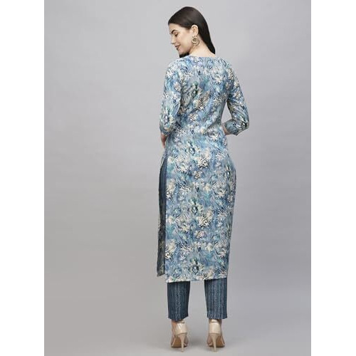 ANNI DESIGNER Women's Cotton Blend Straight Printed Kurta with Pant (Seep Blue_M_Blue_Medium)