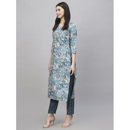 ANNI DESIGNER Women's Cotton Blend Straight Printed Kurta with Pant (Seep Blue_M_Blue_Medium)
