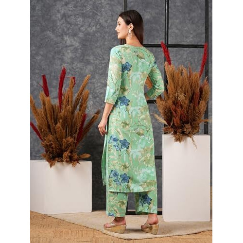 ANNI DESIGNER Women's Cotton Blend Straight Printed Kurta with Palazzo (Chinki Pista_S_Pista_Small)