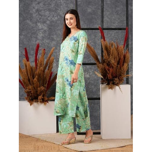 ANNI DESIGNER Women's Cotton Blend Straight Printed Kurta with Palazzo (Chinki Pista_S_Pista_Small)