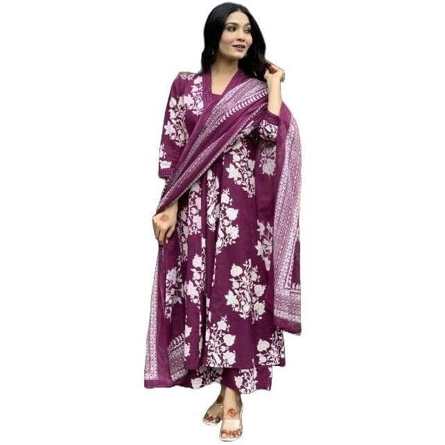 KLOSIA Women Printed A-Line Kurta and Pant with Dupatta (in, Alpha, M, Wine)