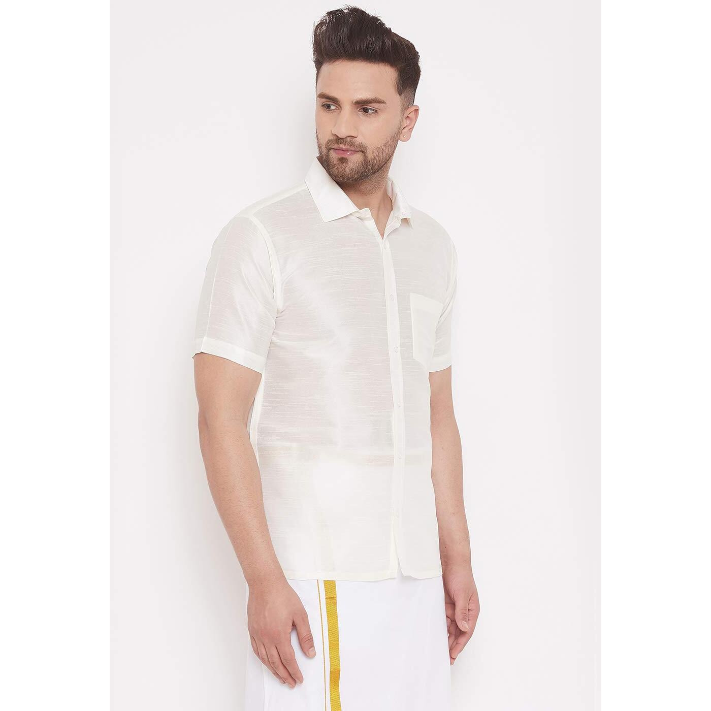 VASTRAMAY Men's White Silk Blend Ethnic Shirt - Half Sleeves, Solid Self-Design, Cutaway Collar, Festive (S - XL)