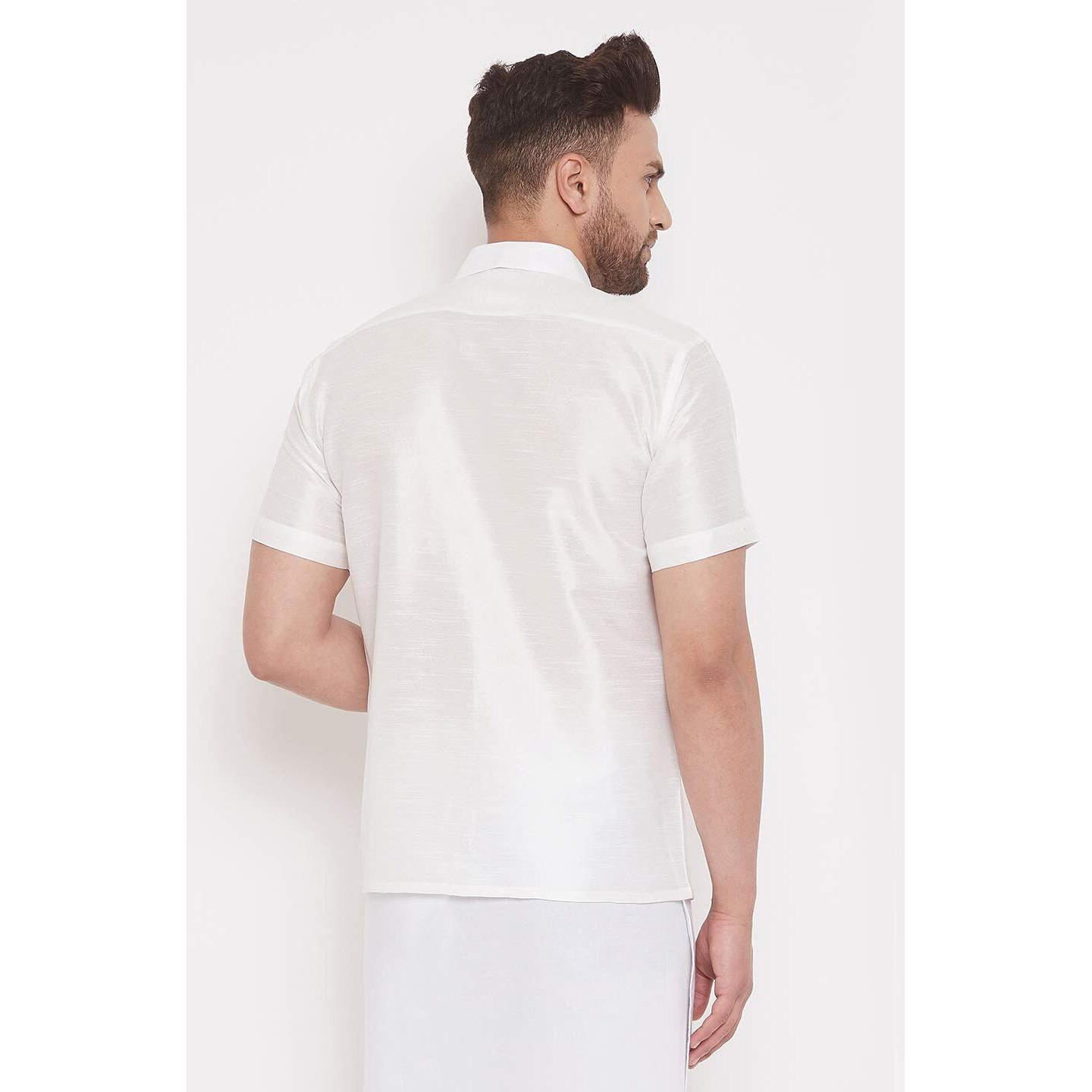 VASTRAMAY Men's White Silk Blend Ethnic Shirt - Half Sleeves, Solid Self-Design, Cutaway Collar, Festive (S - XL)