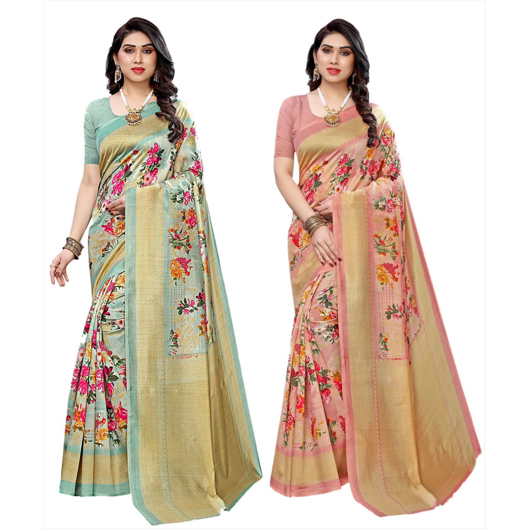 Yashika Women's Combo Art Silk Printed Saree With Blouse Piece Pack Of 2(AIR LIGHT GREEN-AIR PEACH)