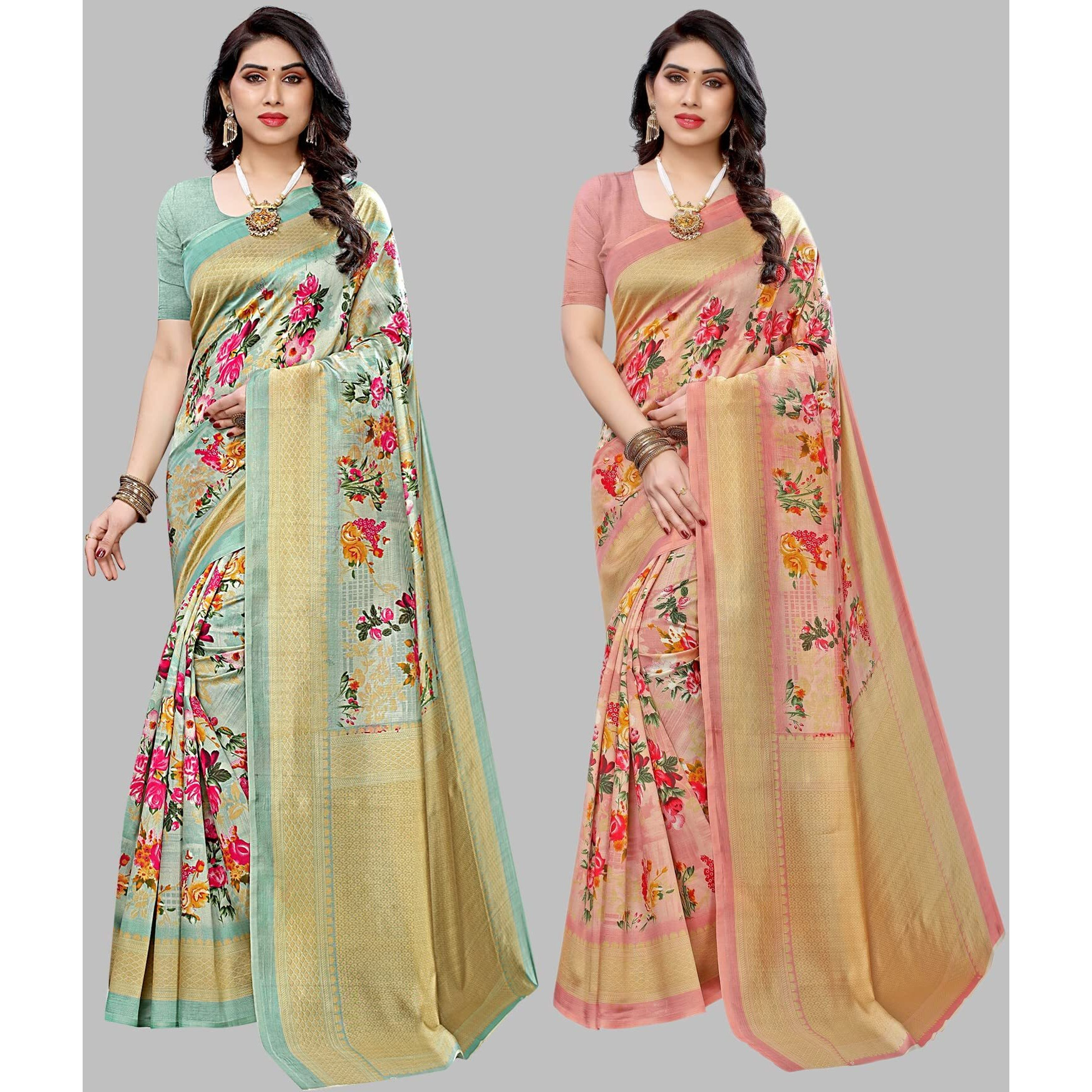 Yashika Women's Combo Art Silk Printed Saree With Blouse Piece Pack Of 2(AIR LIGHT GREEN-AIR PEACH)