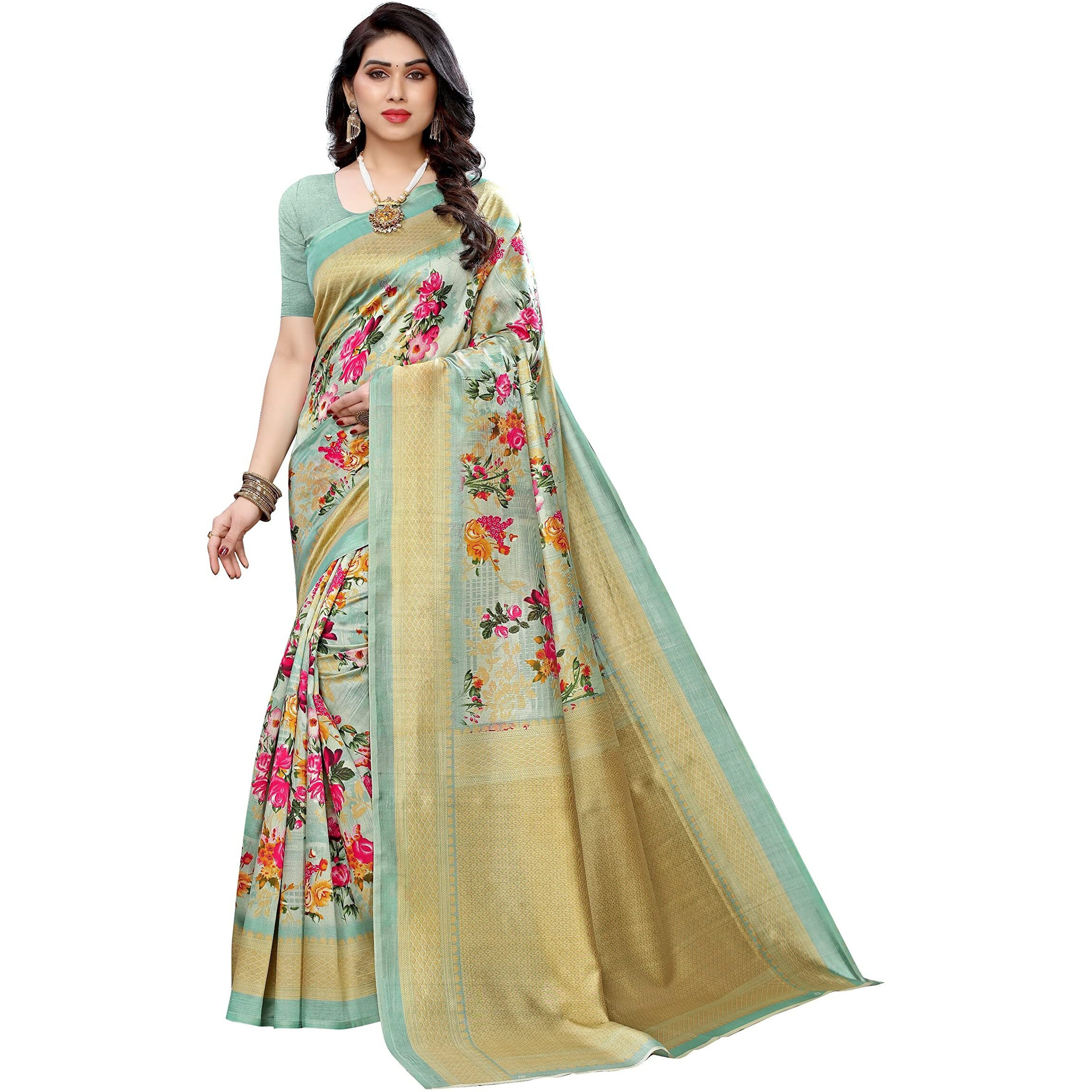Yashika Women's Combo Art Silk Printed Saree With Blouse Piece Pack Of 2(AIR LIGHT GREEN-AIR PEACH)