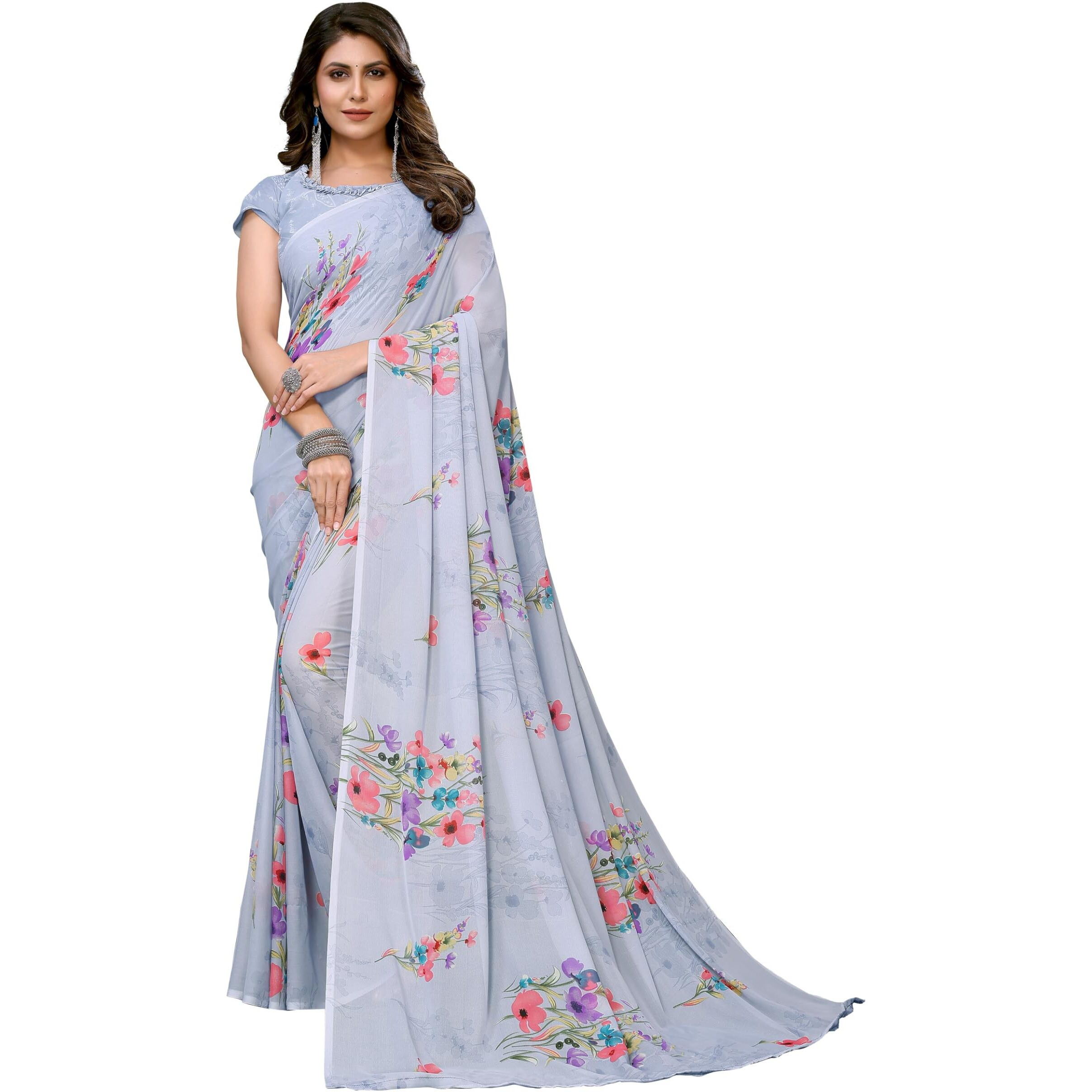 Yashika Women's Trendy Printed Georgette Grey Color Saree with Blouse Material(VINITA GREY)
