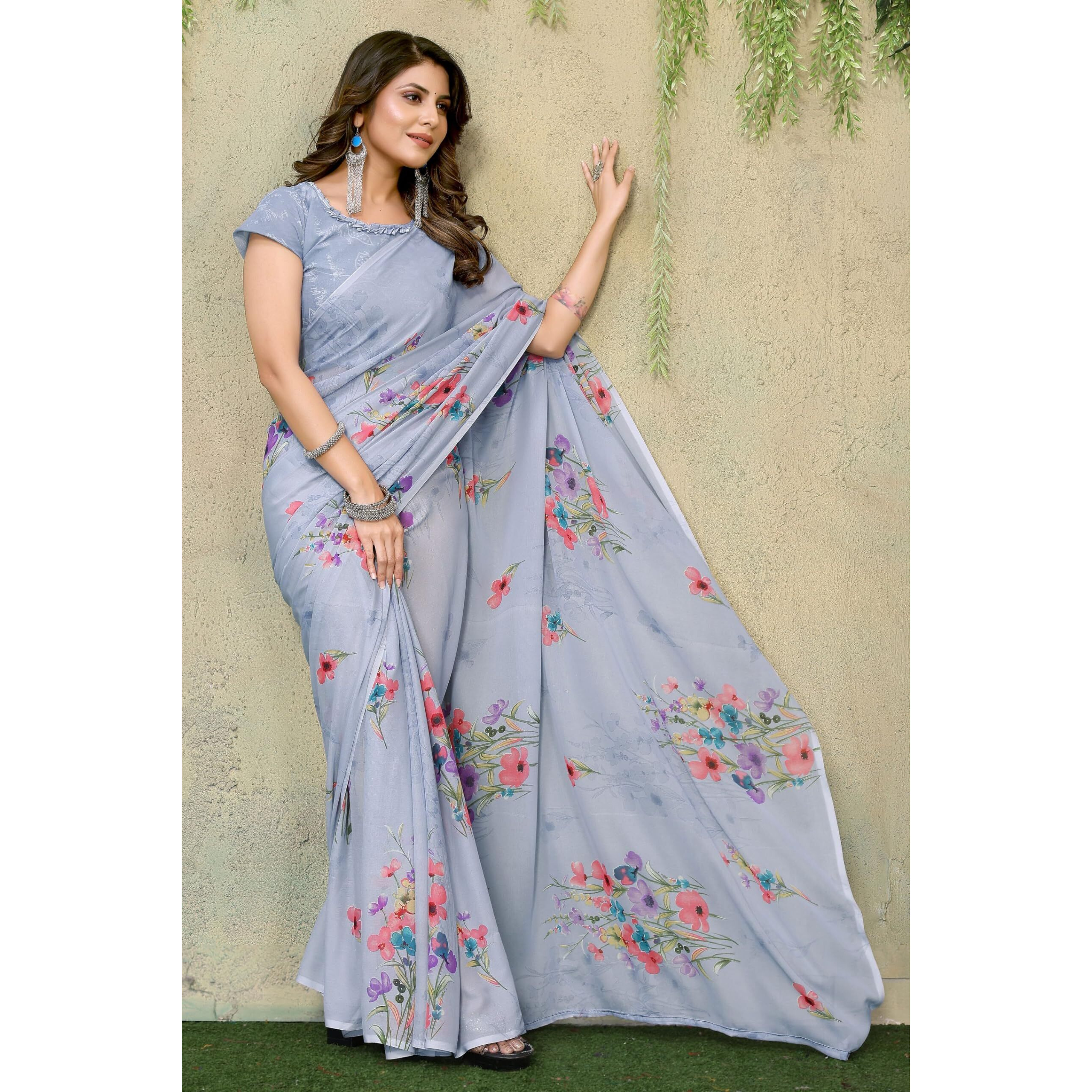 Yashika Women's Trendy Printed Georgette Grey Color Saree with Blouse Material(VINITA GREY)
