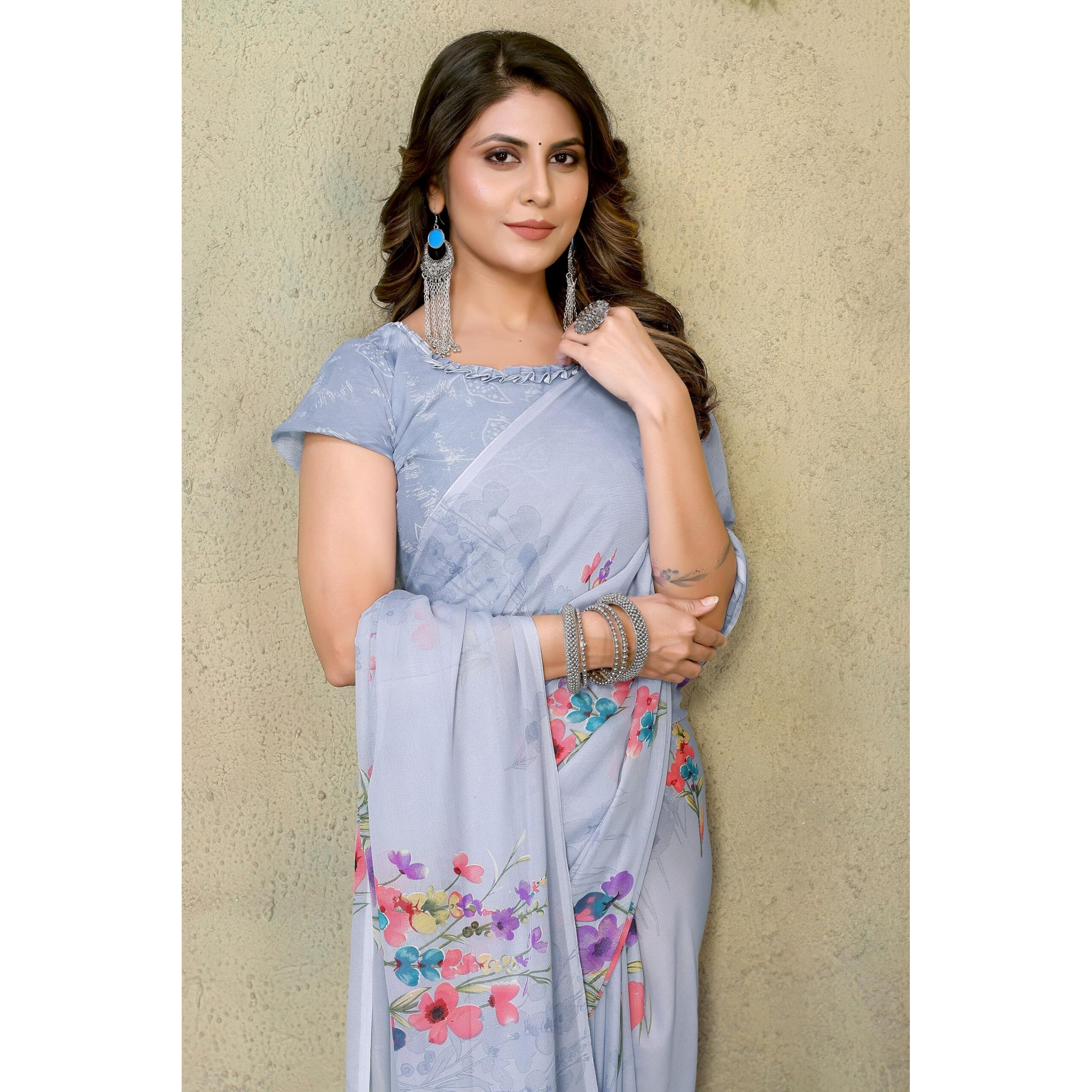 Yashika Women's Trendy Printed Georgette Grey Color Saree with Blouse Material(VINITA GREY)