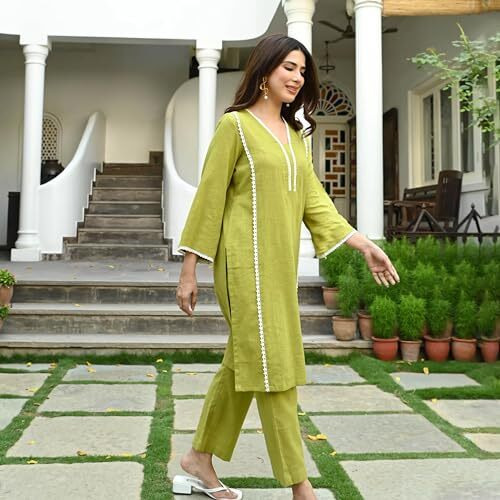 ANNI DESIGNER Women's Cotton Blend Solid Ethnic Co-ord Set (THARA Mehandi_XL_Green_X-Large)