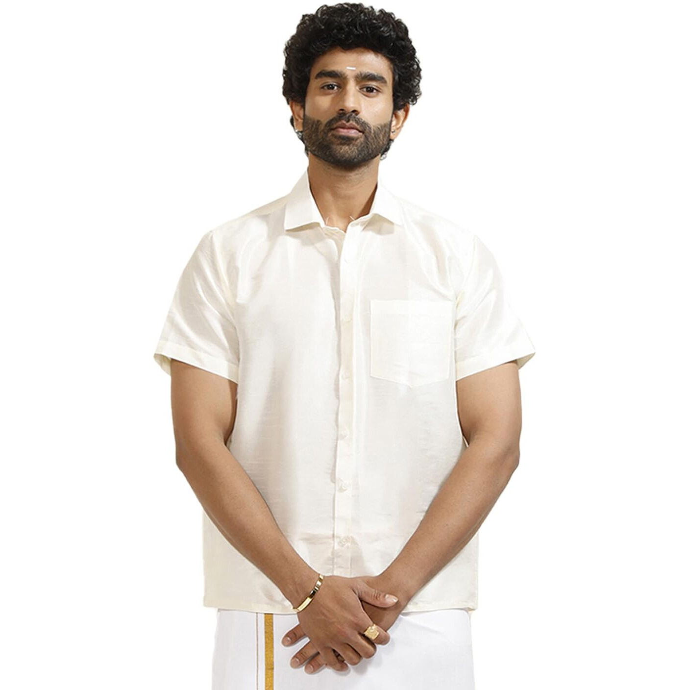 VASTRAMAY Men's Cream Silk Blend Ethnic Shirt - Half Sleeves, South Indian Traditional Shirt for Weddings, Festivals, & Casual Wear