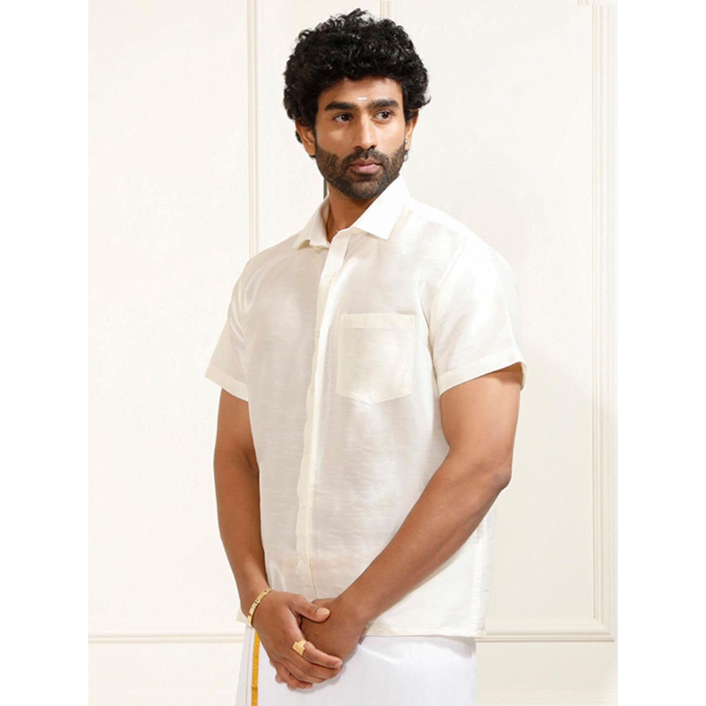 VASTRAMAY Men's Cream Silk Blend Ethnic Shirt - Half Sleeves, South Indian Traditional Shirt for Weddings, Festivals, & Casual Wear