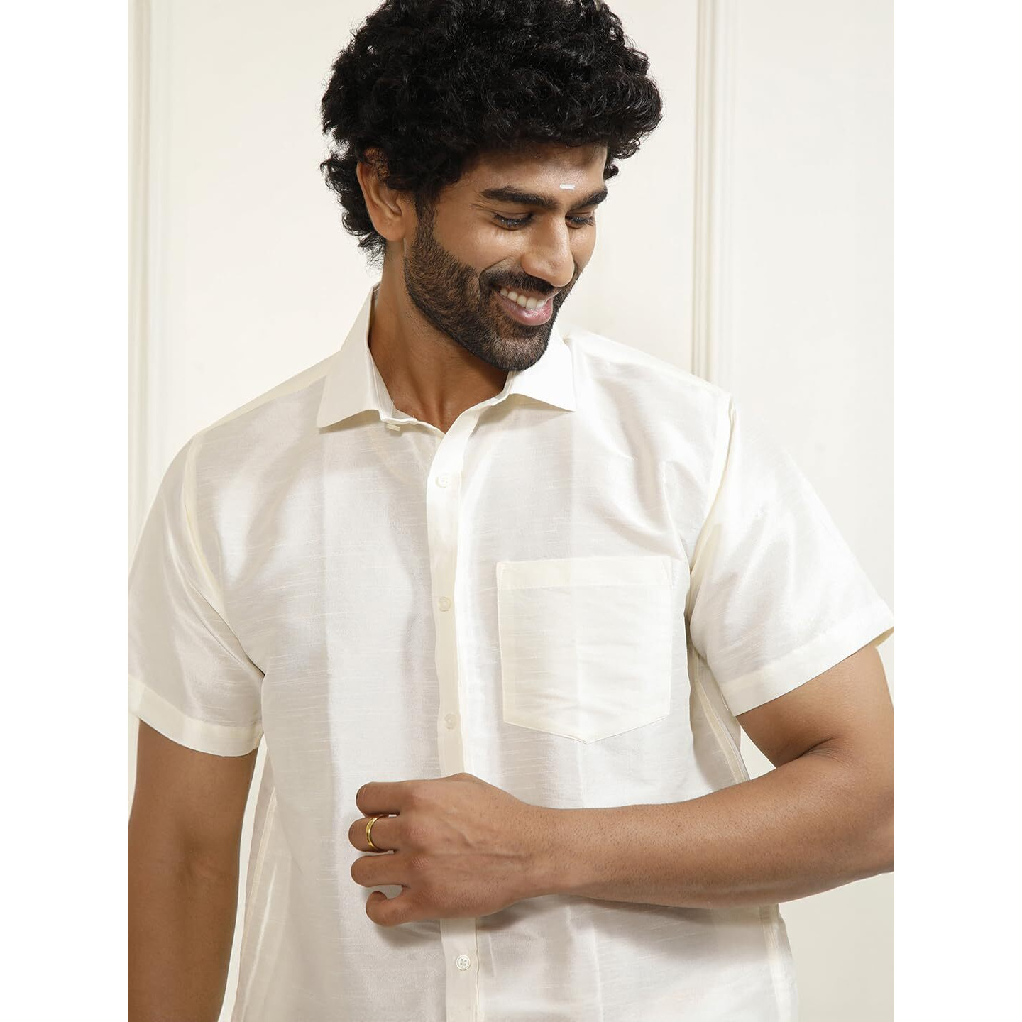 VASTRAMAY Men's Cream Silk Blend Ethnic Shirt - Half Sleeves, South Indian Traditional Shirt for Weddings, Festivals, & Casual Wear