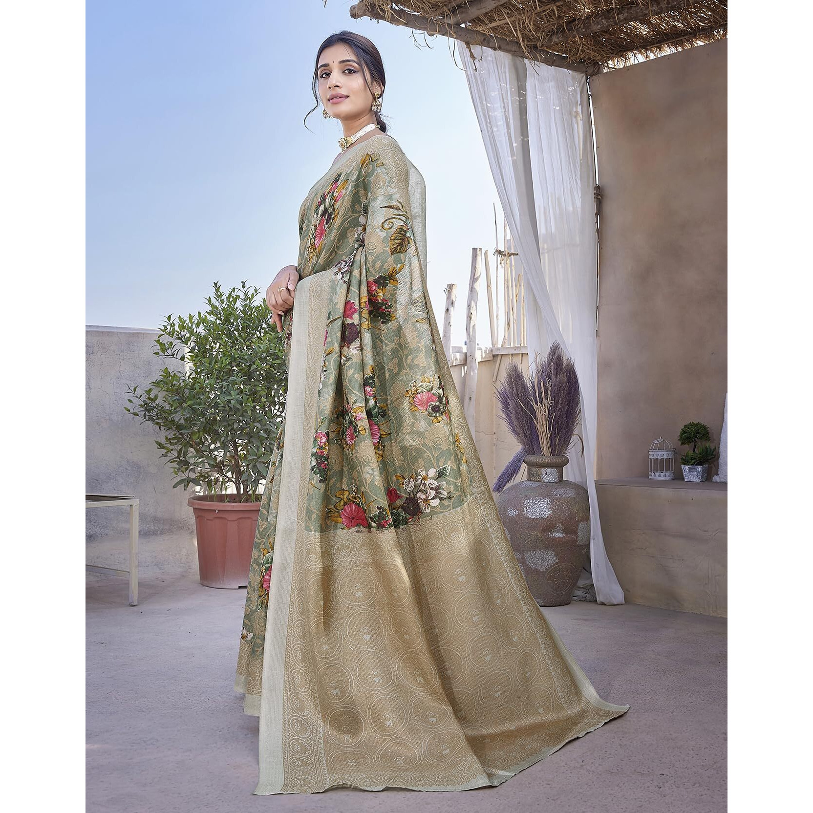 Yashika Women's Elegant Printed Art Silk Saree Set with Blouse - Elevate Your Style with Trendy Ethnic Fashion (AZ-YS-P1-PUDINA GREEN)