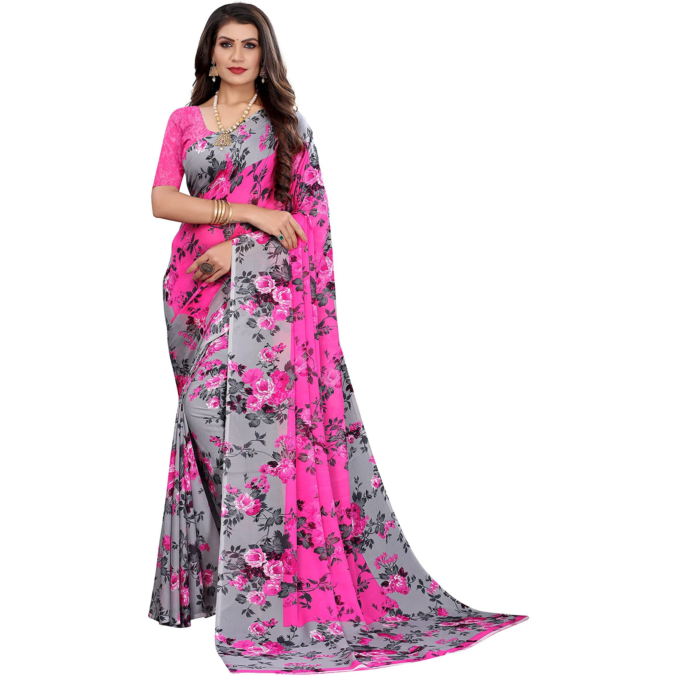 Yashika Women's Georgette Floral Saree With Blouse piece, Pink, Free Size (HEMAXI PINK)
