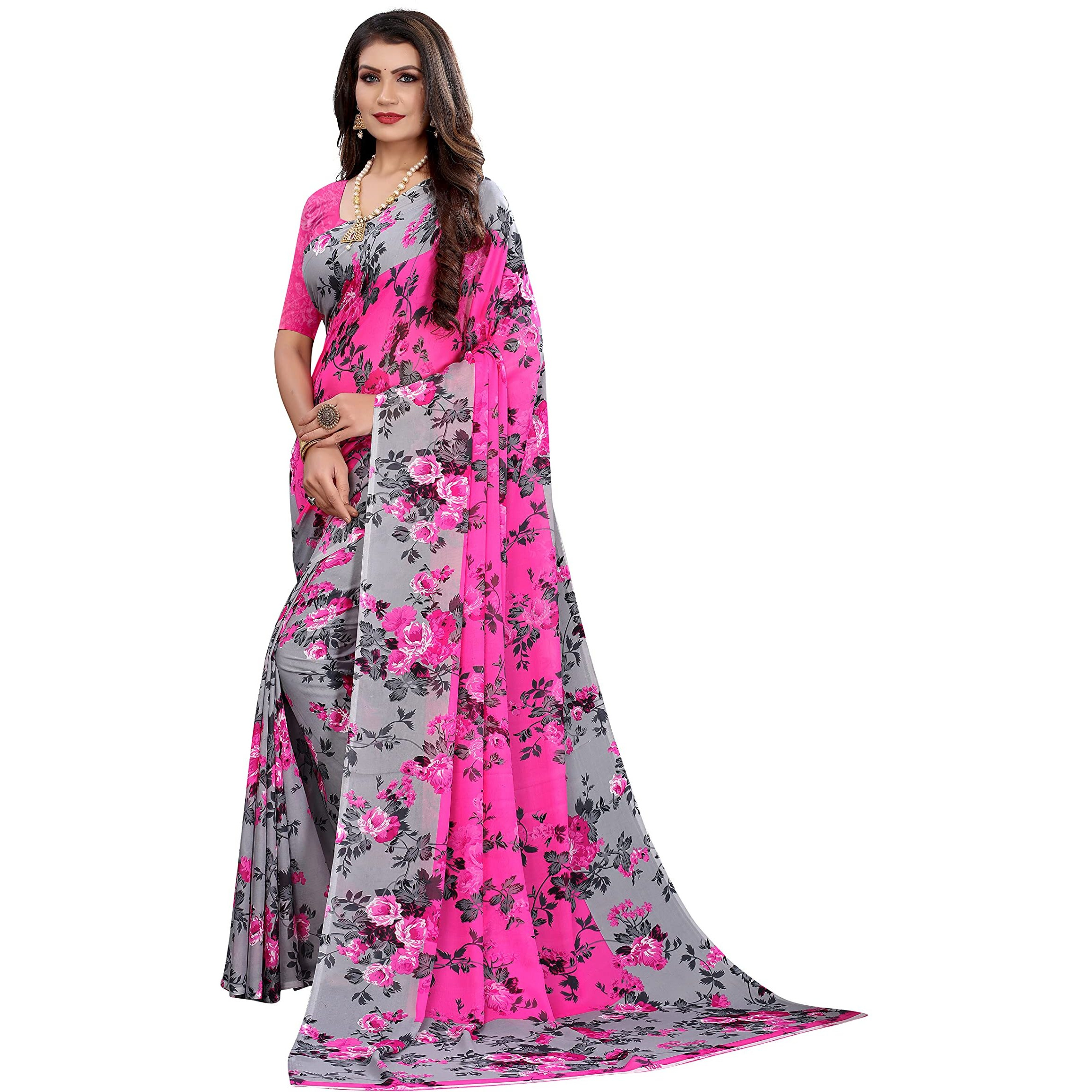 Yashika Women's Georgette Floral Saree With Blouse piece, Pink, Free Size (HEMAXI PINK)