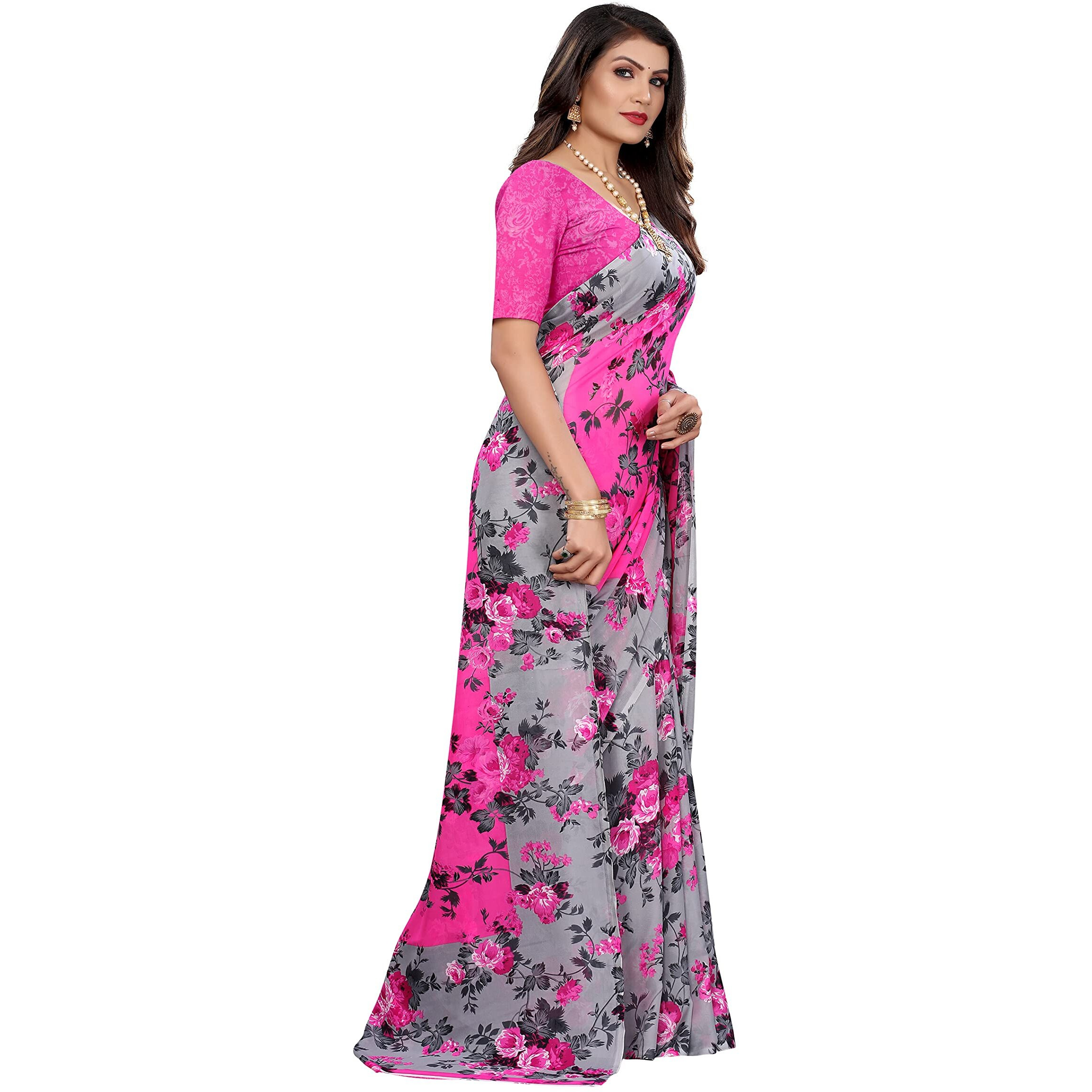Yashika Women's Georgette Floral Saree With Blouse piece, Pink, Free Size (HEMAXI PINK)