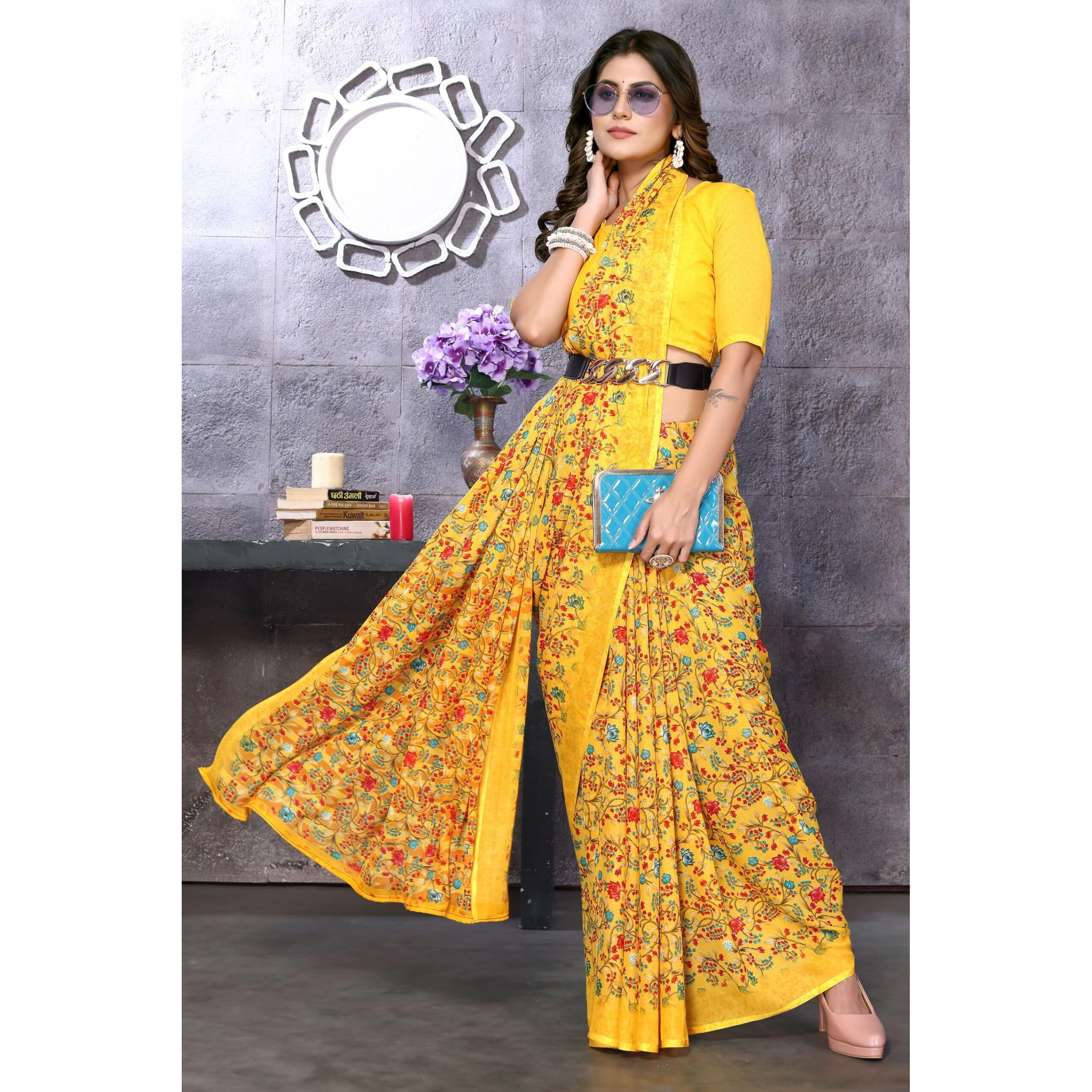 Yashika Women's Trendy Georgette Yellow Color Saree with Blouse Material(HARIKA YELLOW)